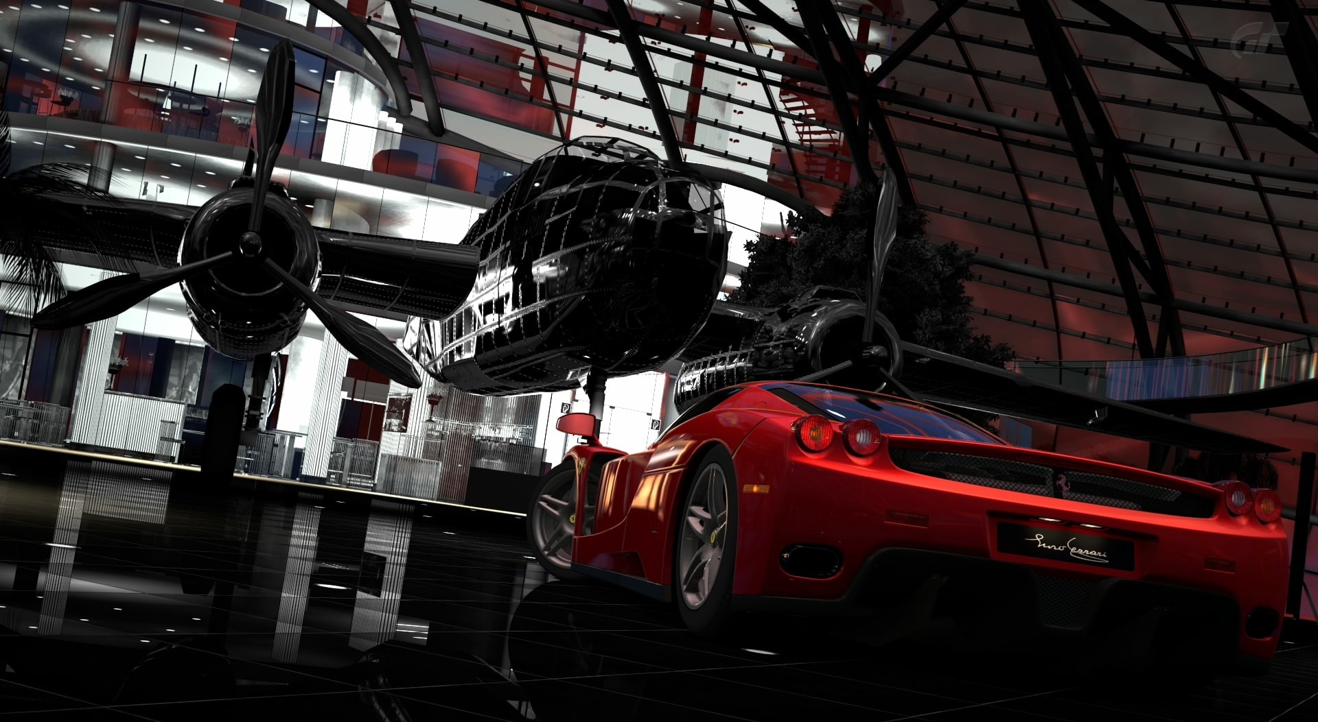 red, city, low angle view, car, built structure, gran turismo 5, bull, super, outdoors, 1080P, hangar, day, mode of transportation, red bull hangar 7, HD Wallpaper