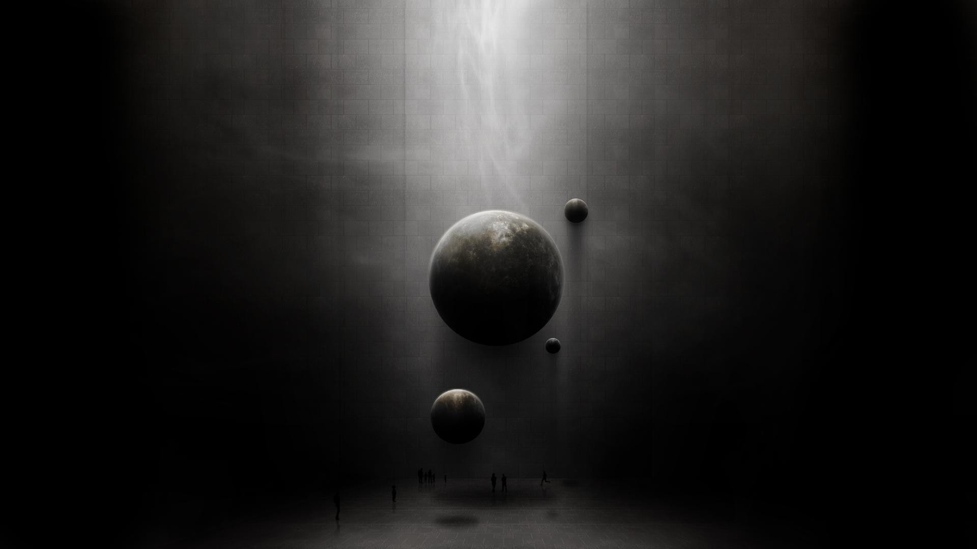 planet, orbiting, protection, shadow, surreal, moon, ball, dark, mystery, 1080P, space, spooky, no people, indoors, fruit, spotlight, circle, black color, HD Wallpaper