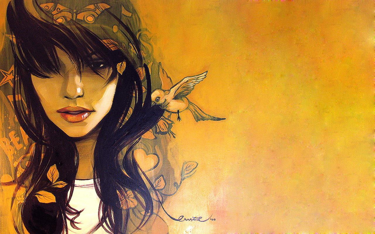 hair, art, long, bird, painting, 720P, girl, calm, long hair, HD Wallpaper