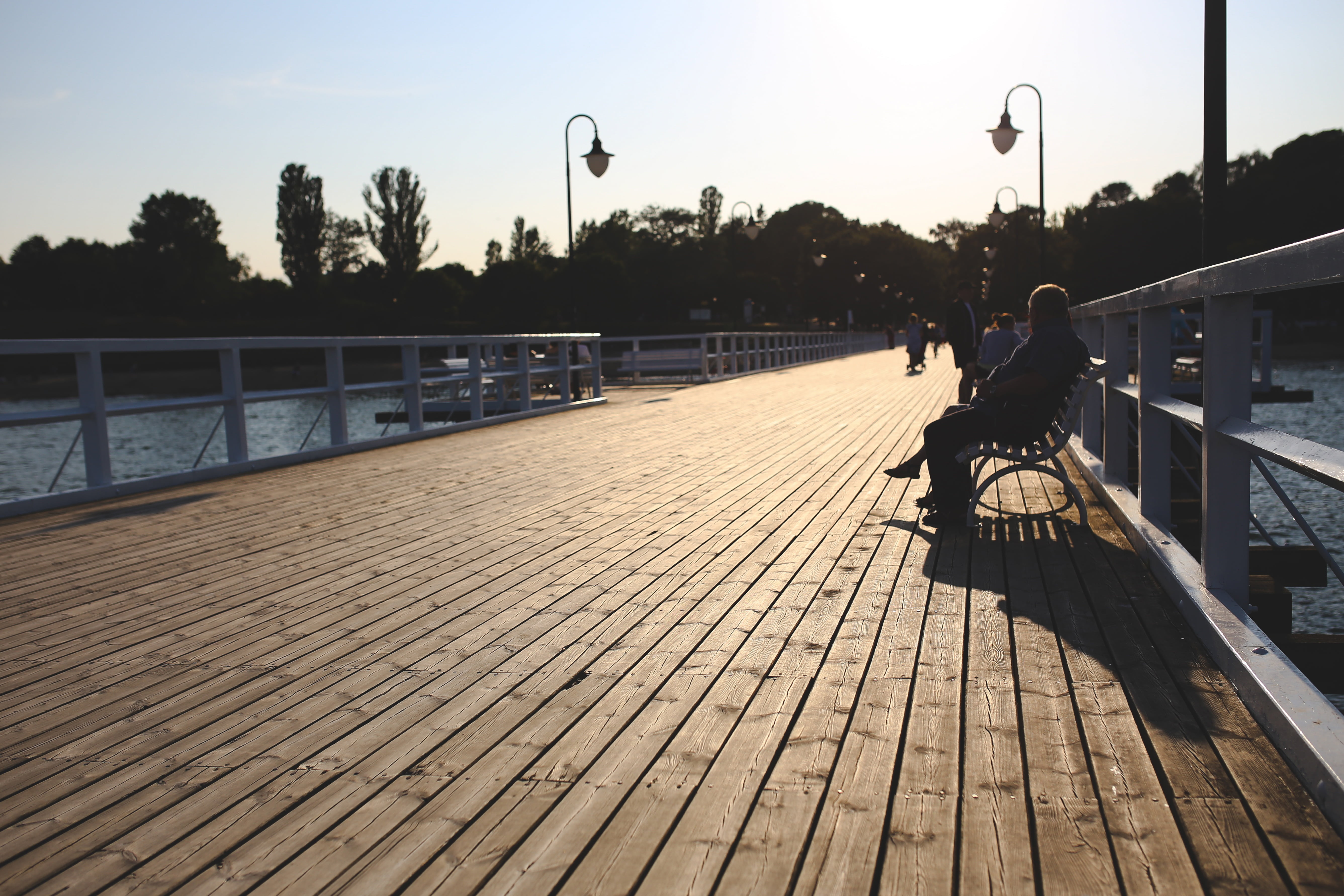 sky, leisure activity, footpath, street, seat, sea, one person, sitting, outdoors, railing, 5K, trees, summer, water, lifestyles, transportation, plant, HD Wallpaper