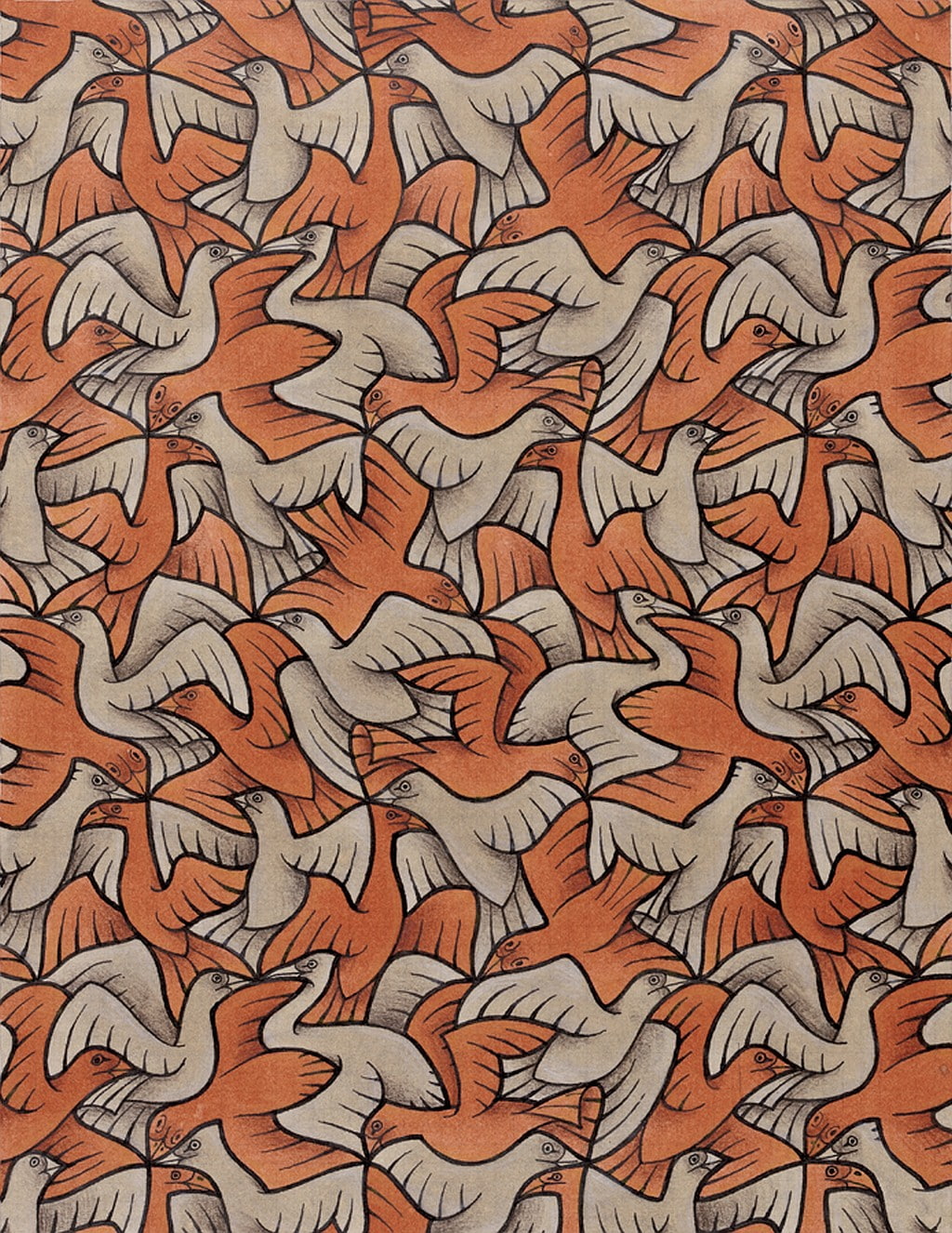 repetition, pattern, close-up, large group of objects, indoors, no people, drawing artwork m c_ escher optical illusion symmetry sketches animals birds red flying wings, Phone HD Wallpaper