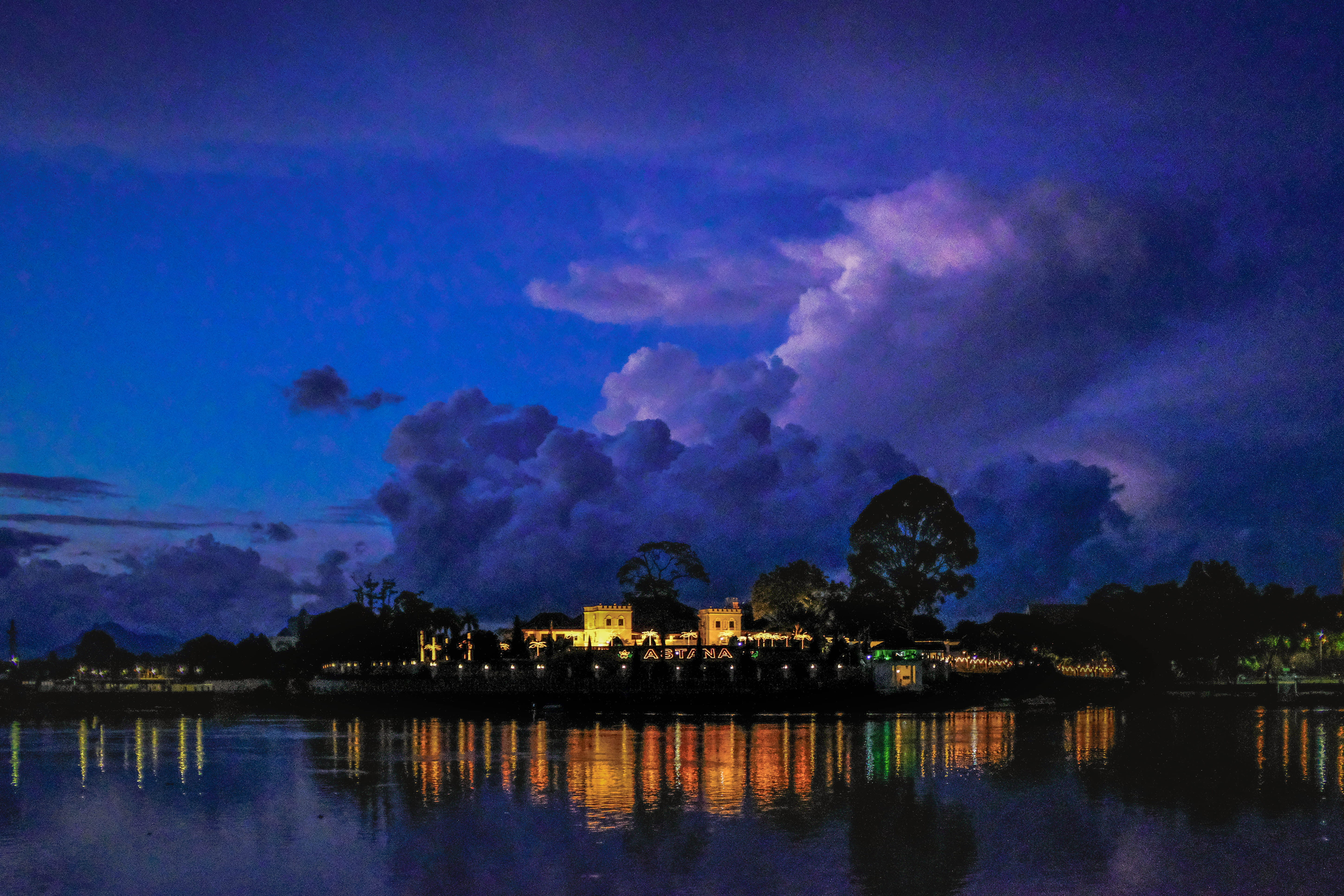 waterfront, purple, illuminated, blue, calm river, architecture, reflection, tranquility, tree, scenics - nature, lake, riverfront, 5K, outdoors, nature, HD Wallpaper