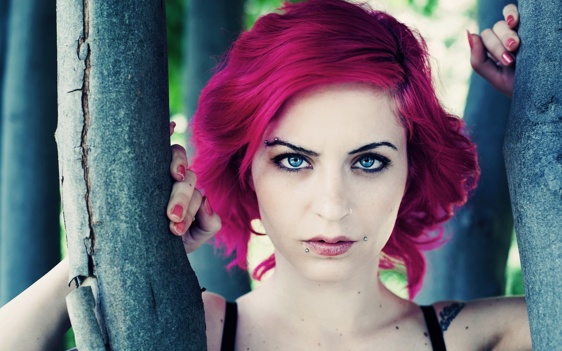 fashion, piercing, 1080P, face, hairstyle, magenta, hair, young adult, dyed red hair, front view, portrait, model, redhead, painted nails, beauty, one person, HD Wallpaper