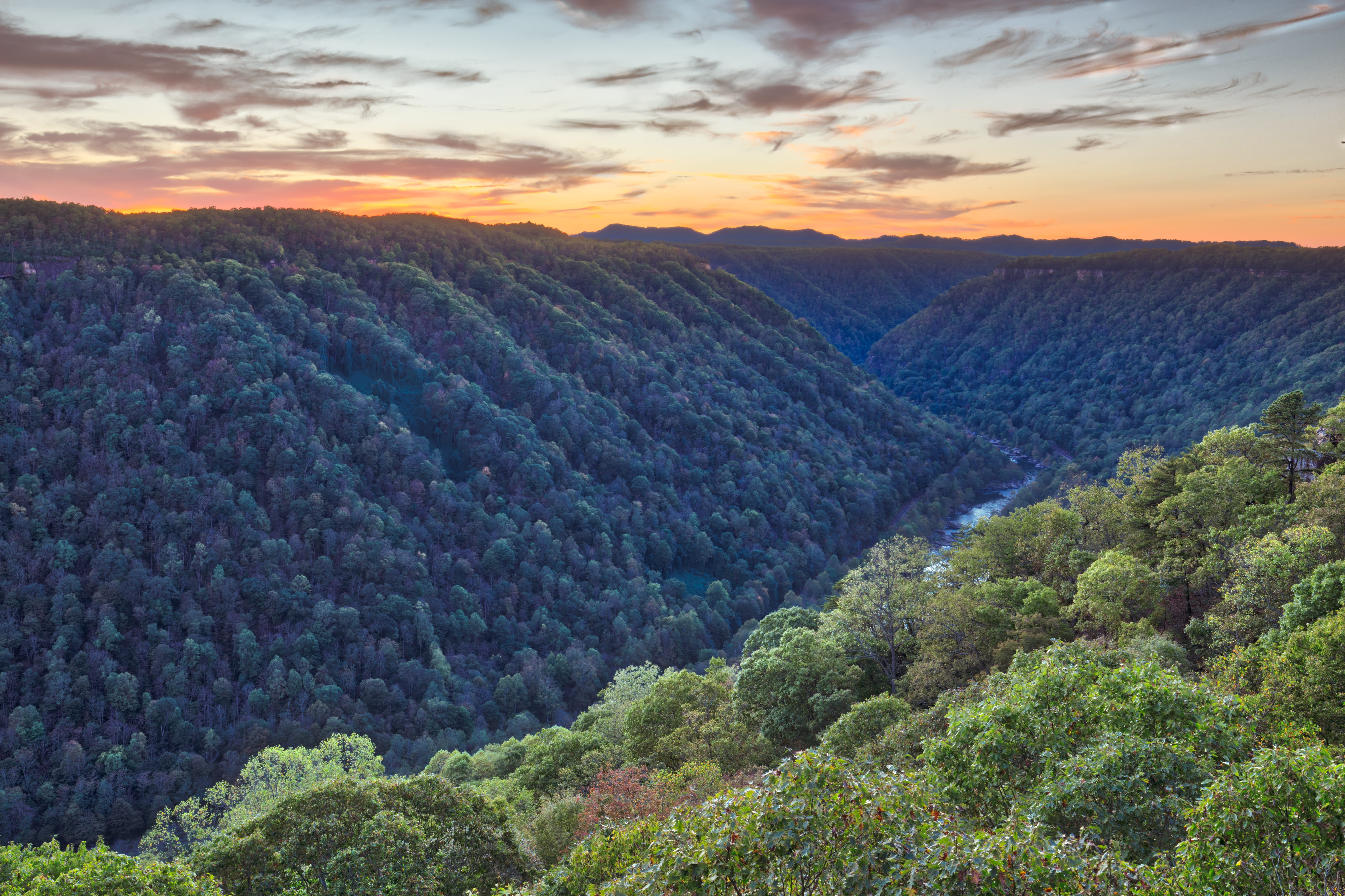 tranquil scene, beauty in nature, scenics - nature, 5K, land, plant, cloud - sky, remote, mountain, no people, gorge, west virginia, sunset, growth, mountain range, HD Wallpaper