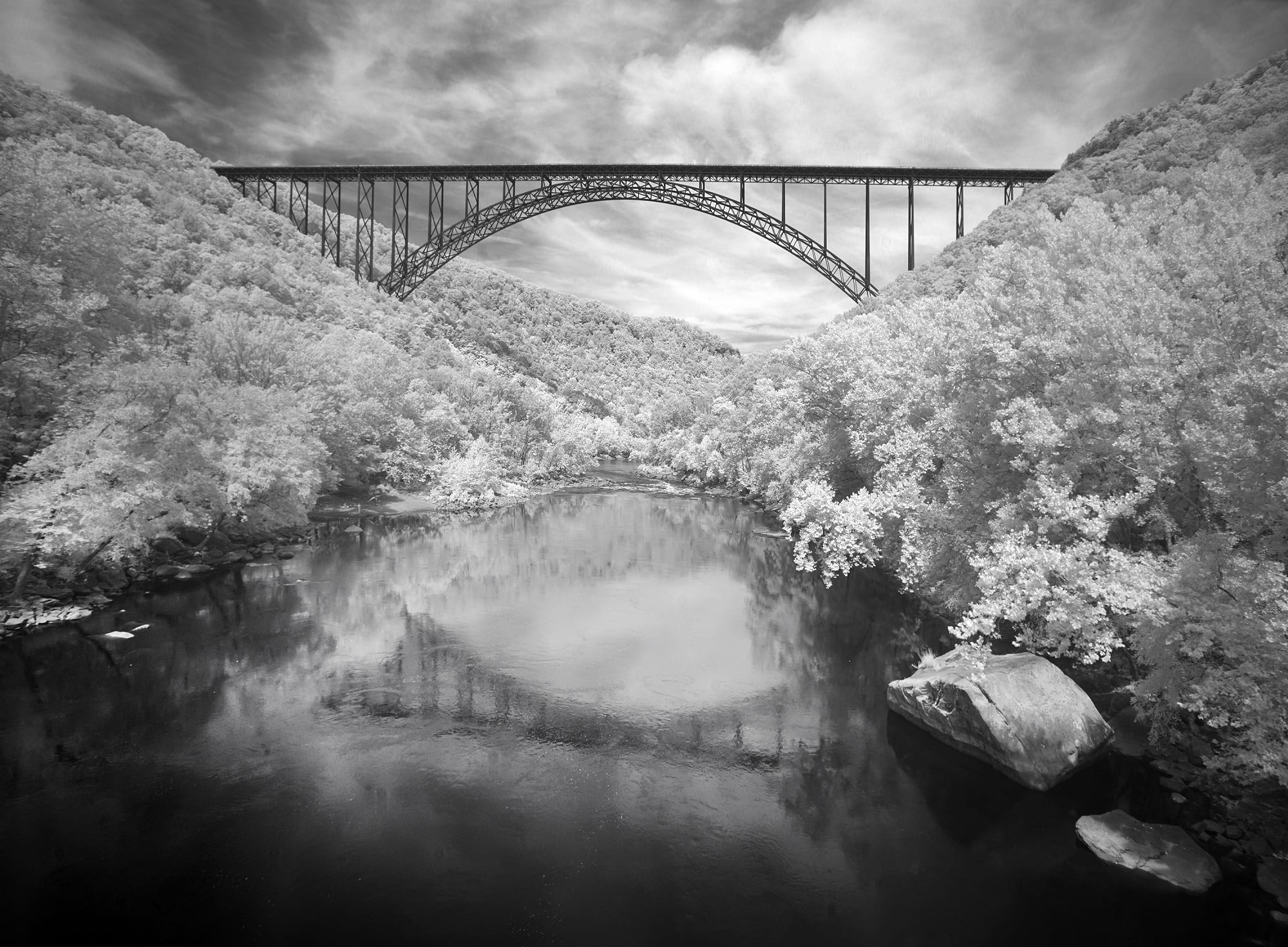 black and white, transportation, arched, architecture, west virginia, water, mountains, built structure, bridge, waterfront, reflection, scenic, span, 1080P, HD Wallpaper