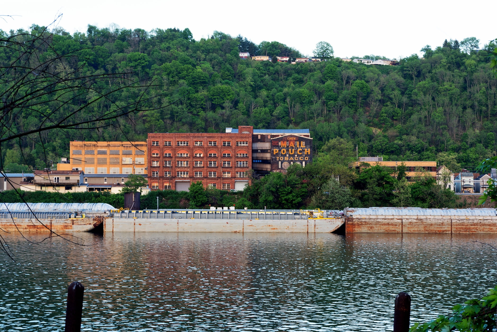 tree, building, mode of transportation, mail pouch tobacco, building exterior, no people, historic, city, day, factory, plant, waterfront, 1080P, wheeling, HD Wallpaper