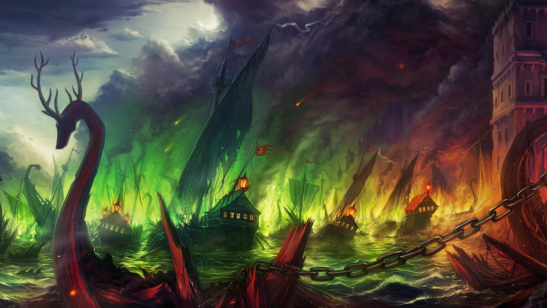 sea, 1080P, Game of Thrones, fantasy art, Néra, old ship, trone de fer, Blackwater, HD Wallpaper