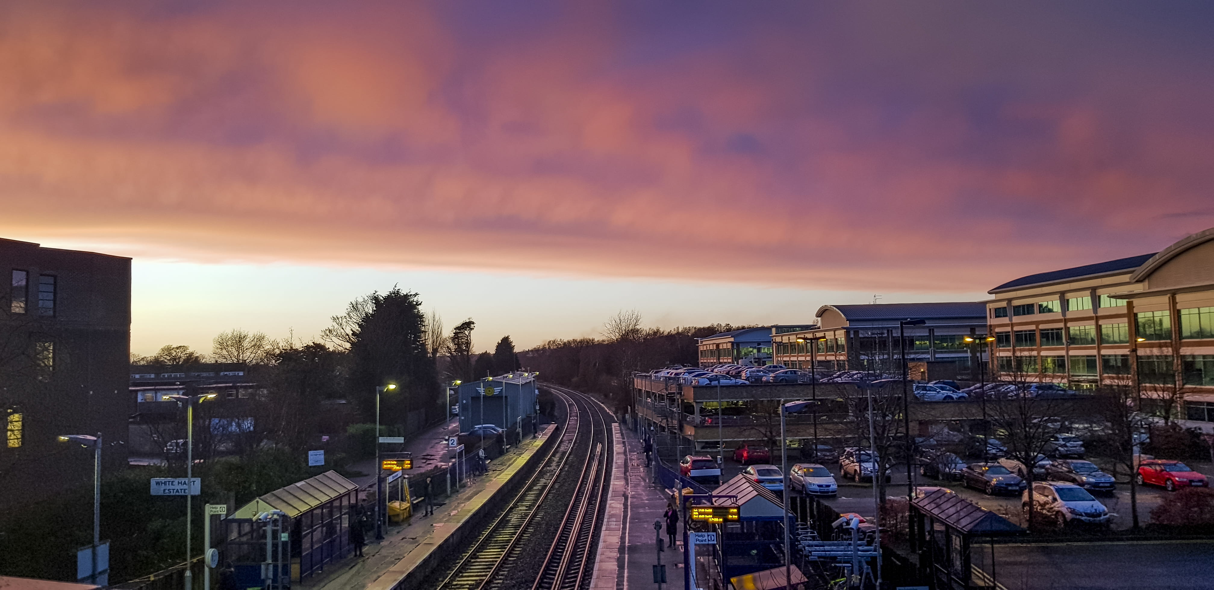industrial, outdoors, rail, high angle view, terminal, dusk, railtrack, train track, train station, sunset, transportation, red, track, building exterior, HD Wallpaper