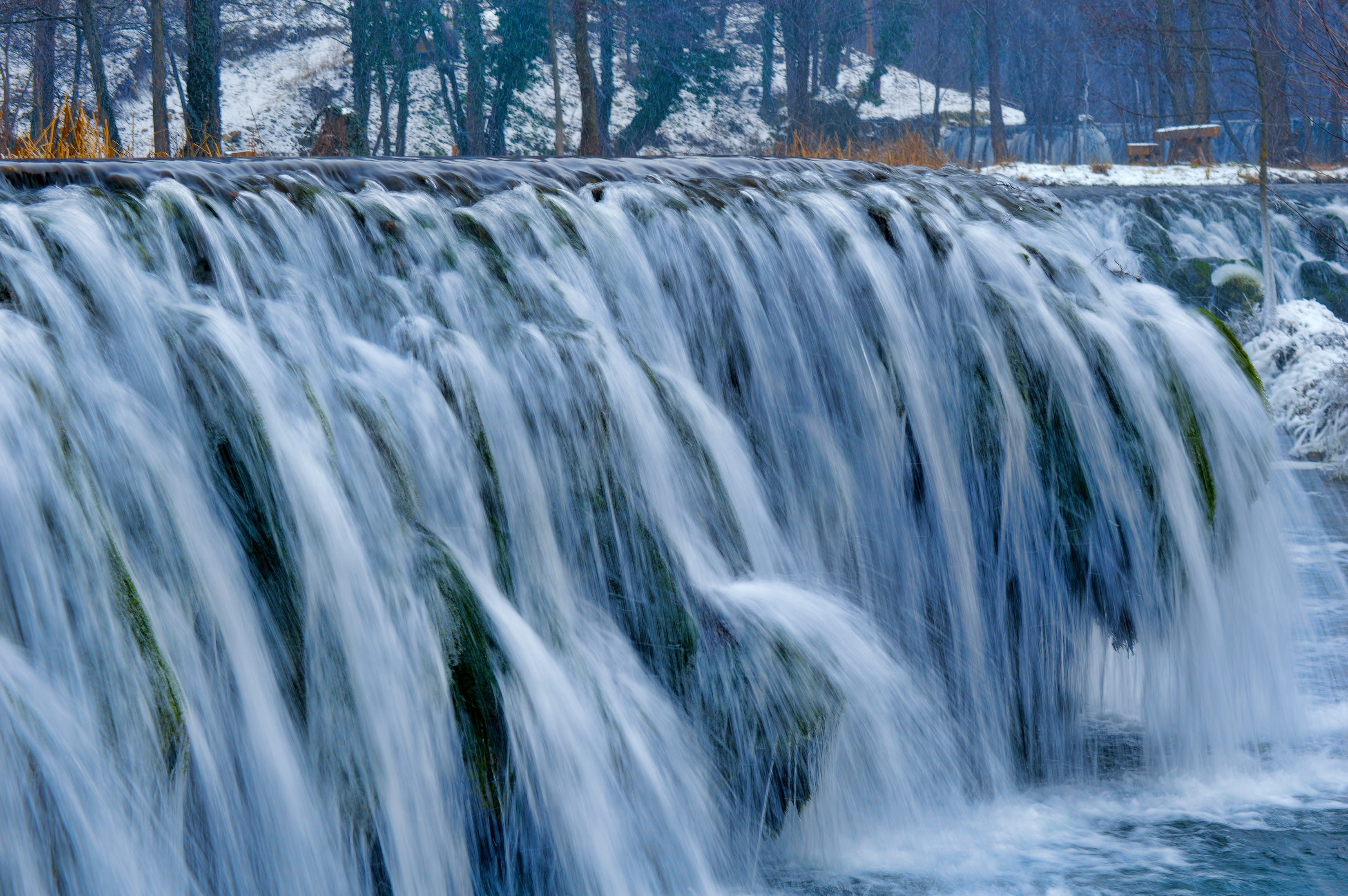 environment, fresh, vacations, scenics - nature, snow, fall, december, creek, frozen, tree, splashing, power in nature, outdoors, wet, cool, beautiful, HD Wallpaper