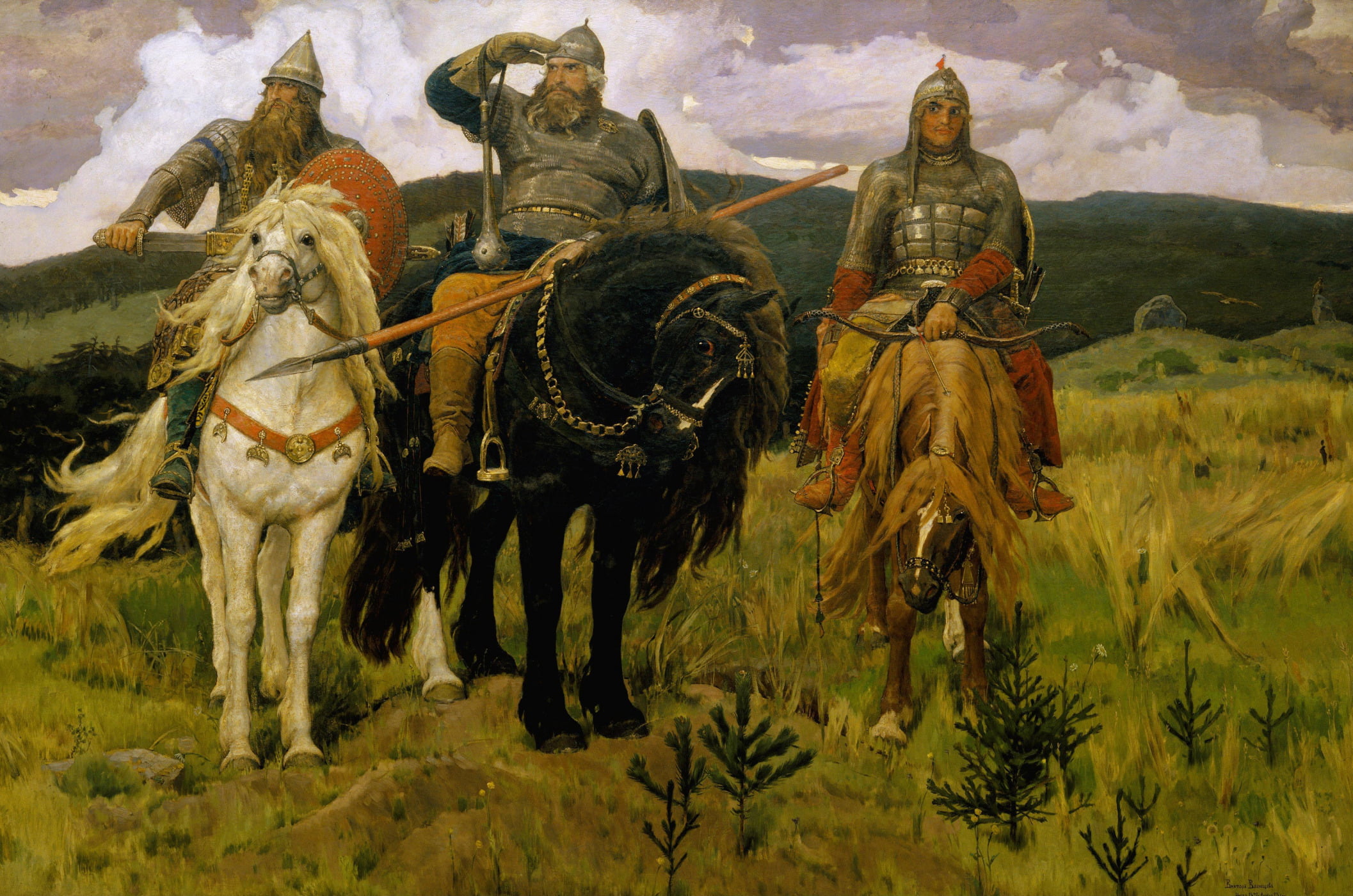 day, field, two animals, Vasnetsov Viktor Mikhailovich, vertebrate, group of people, men, livestock, domestic animals, domestic, epic, heroes, nature, horse, HD Wallpaper