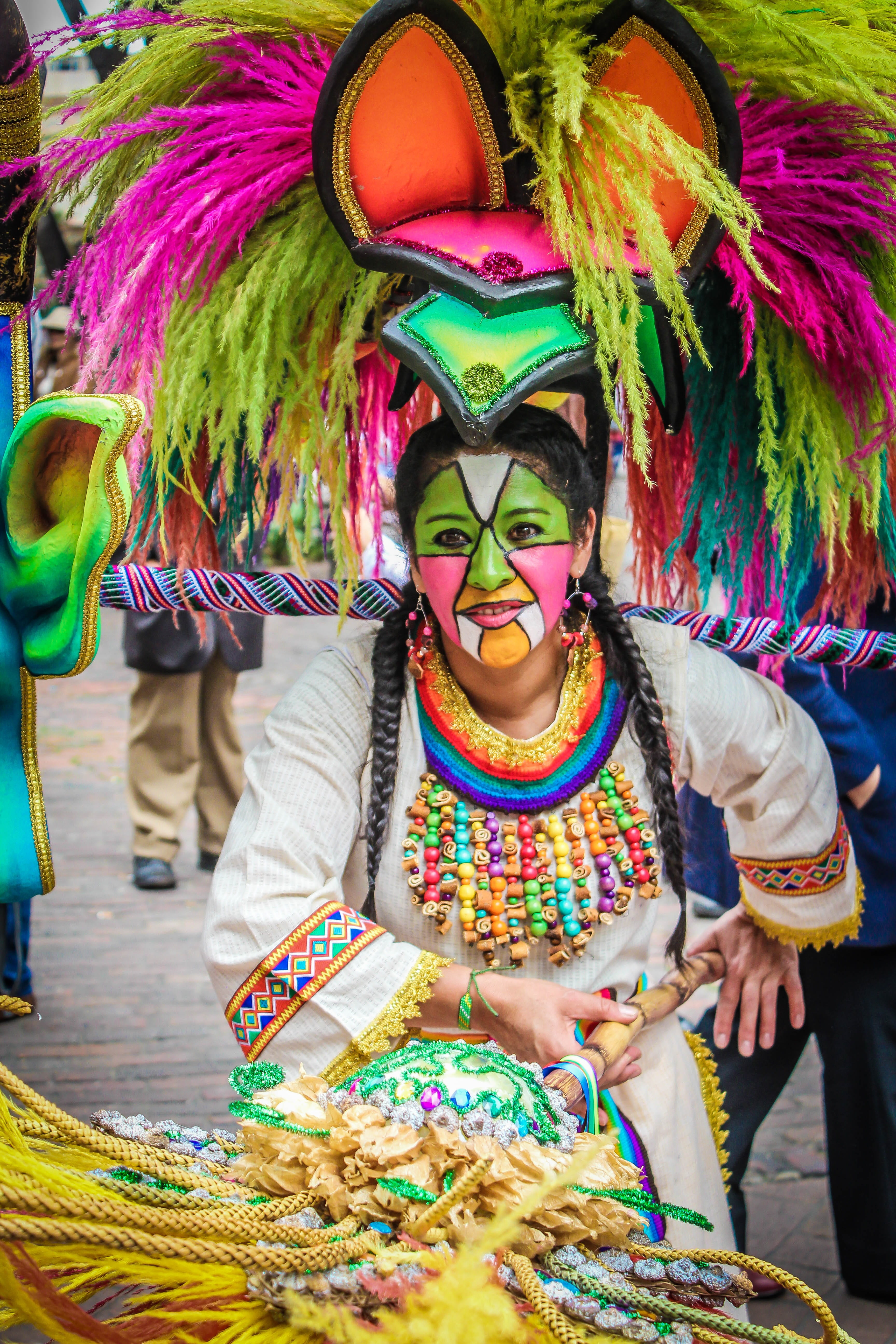 multi colored, clothing, tourism, men, colombia, traditional clothing, holi, cultural, costume, face paint, 5K, one person, front view, holding, real people, Phone HD Wallpaper