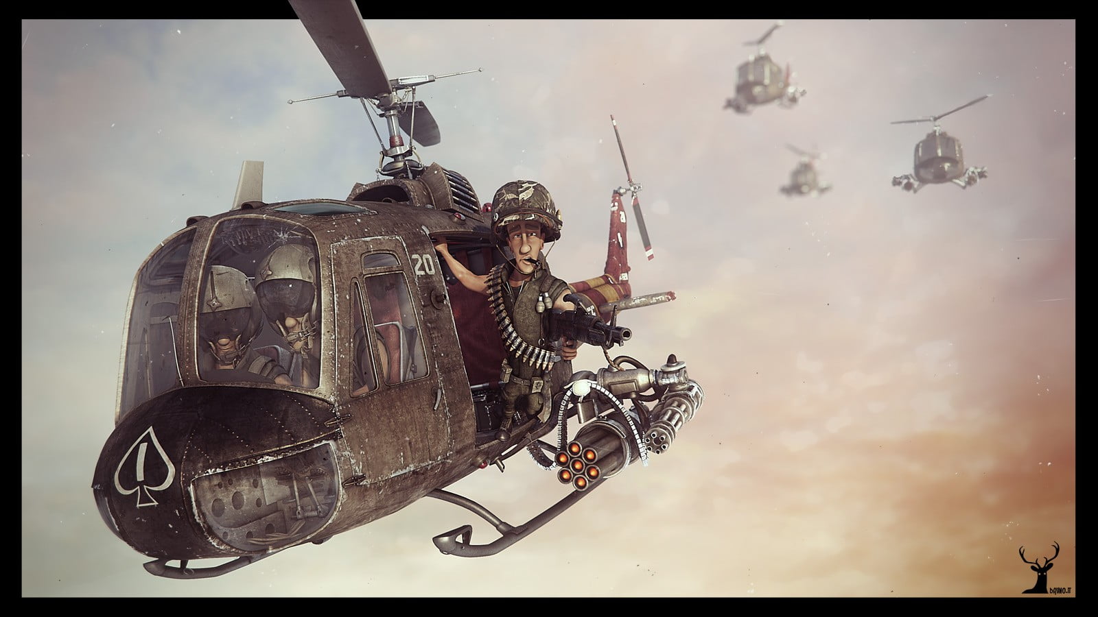 helicopter, machinery, land vehicle, auto post production filter, metal, paintings, headwear, sky, transfer print, Vietnam War, 720P, day, city, man, occupation, HD Wallpaper