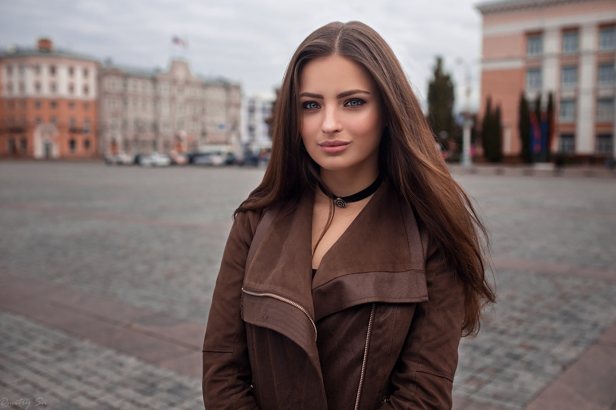 1080P, building exterior, Dmitry Shulgin, beautiful woman, young women, pink lipstick, blue eyes, hairstyle, long hair, standing, women, portrait, brown jacket, HD Wallpaper
