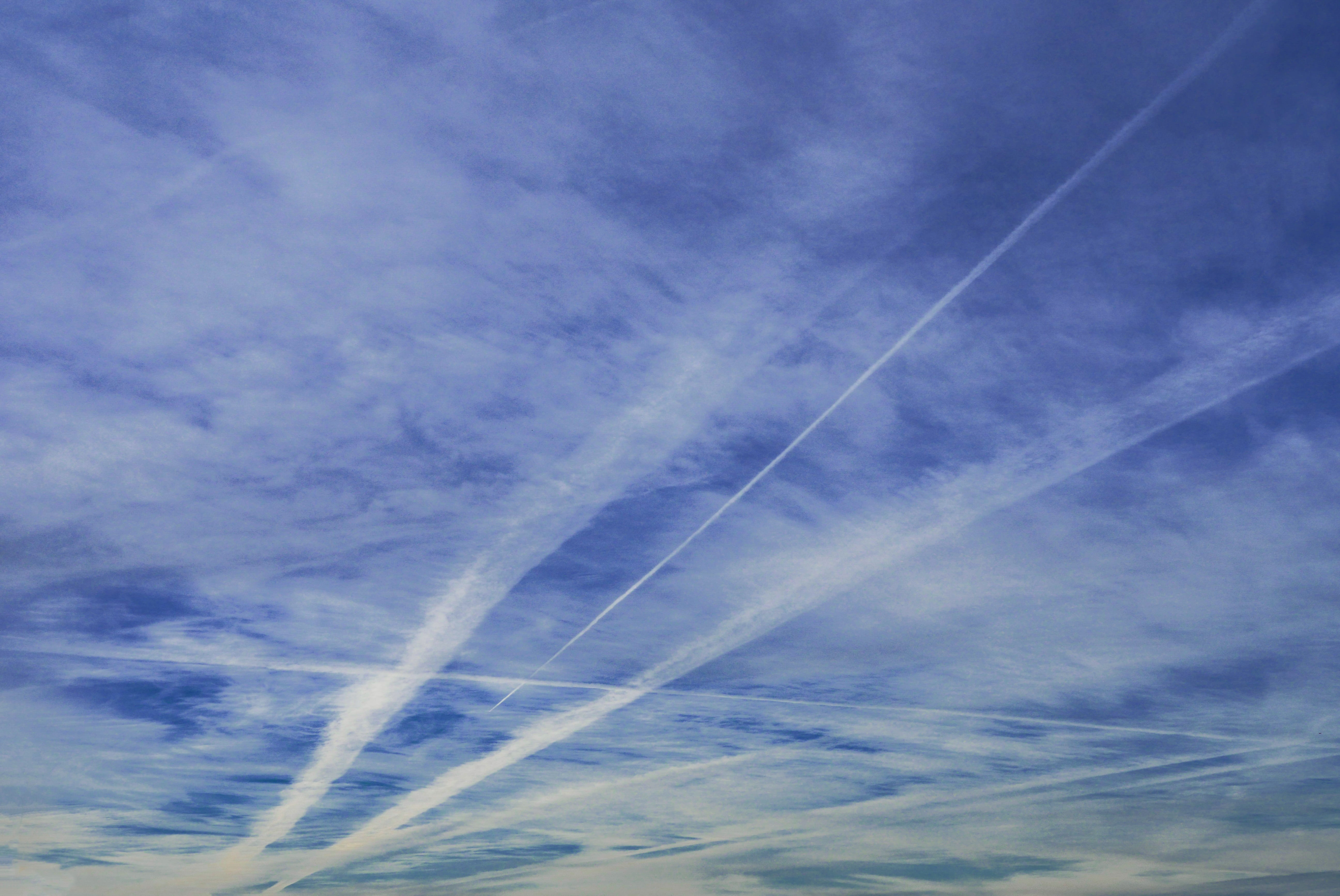 no people, motion, flying, speed, heaven, clouds, wispy, rays, beauty in nature, blue, day, plane, outdoors, scenics - nature, vapor trail, aircraft, contrail, HD Wallpaper