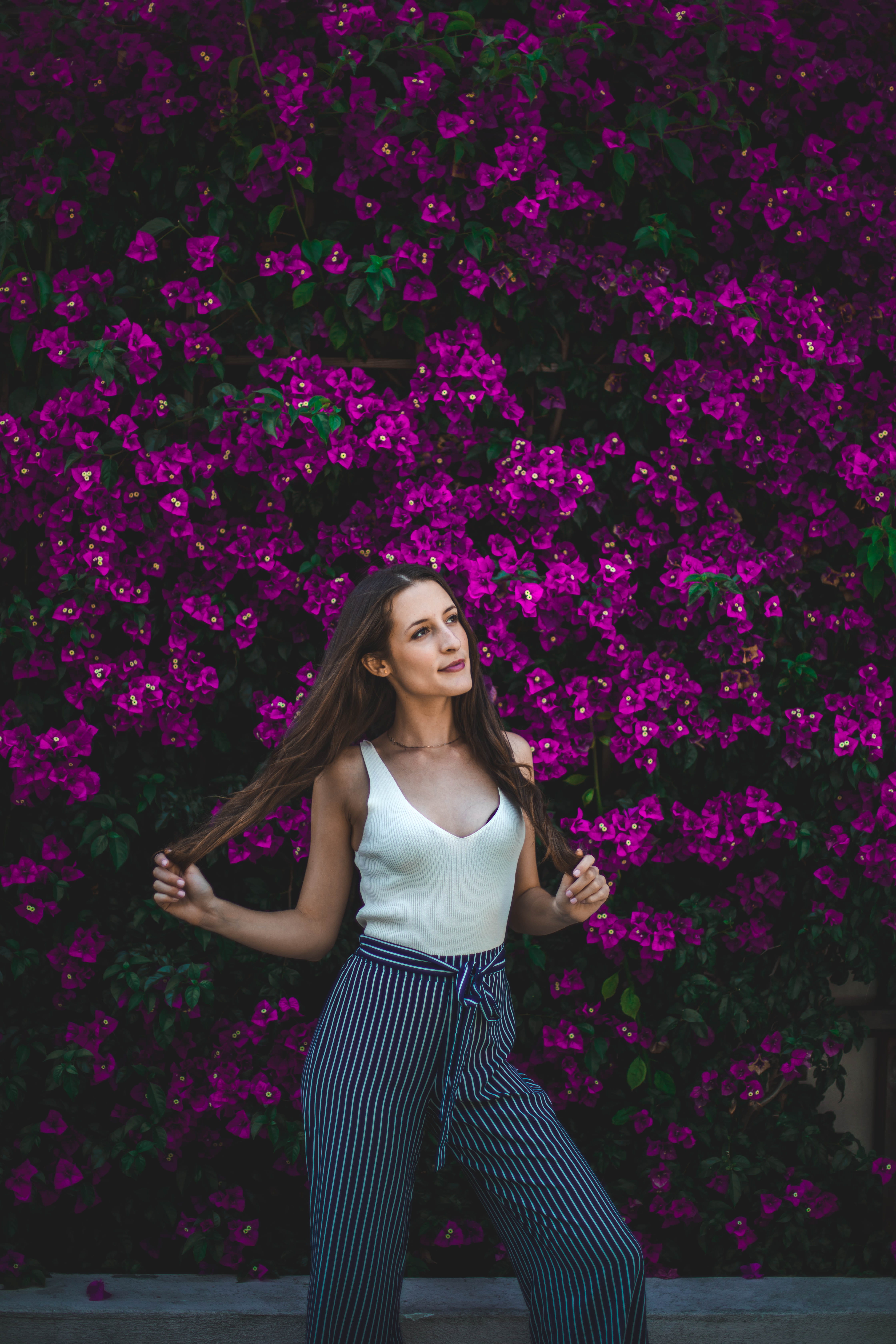 people, brown Hair, petal, looking, young Adult, girls, tree, joy, springtime, lifestyles, adult, bush, 5K, human Hair, style, beautiful, daytime, holding, Phone HD Wallpaper