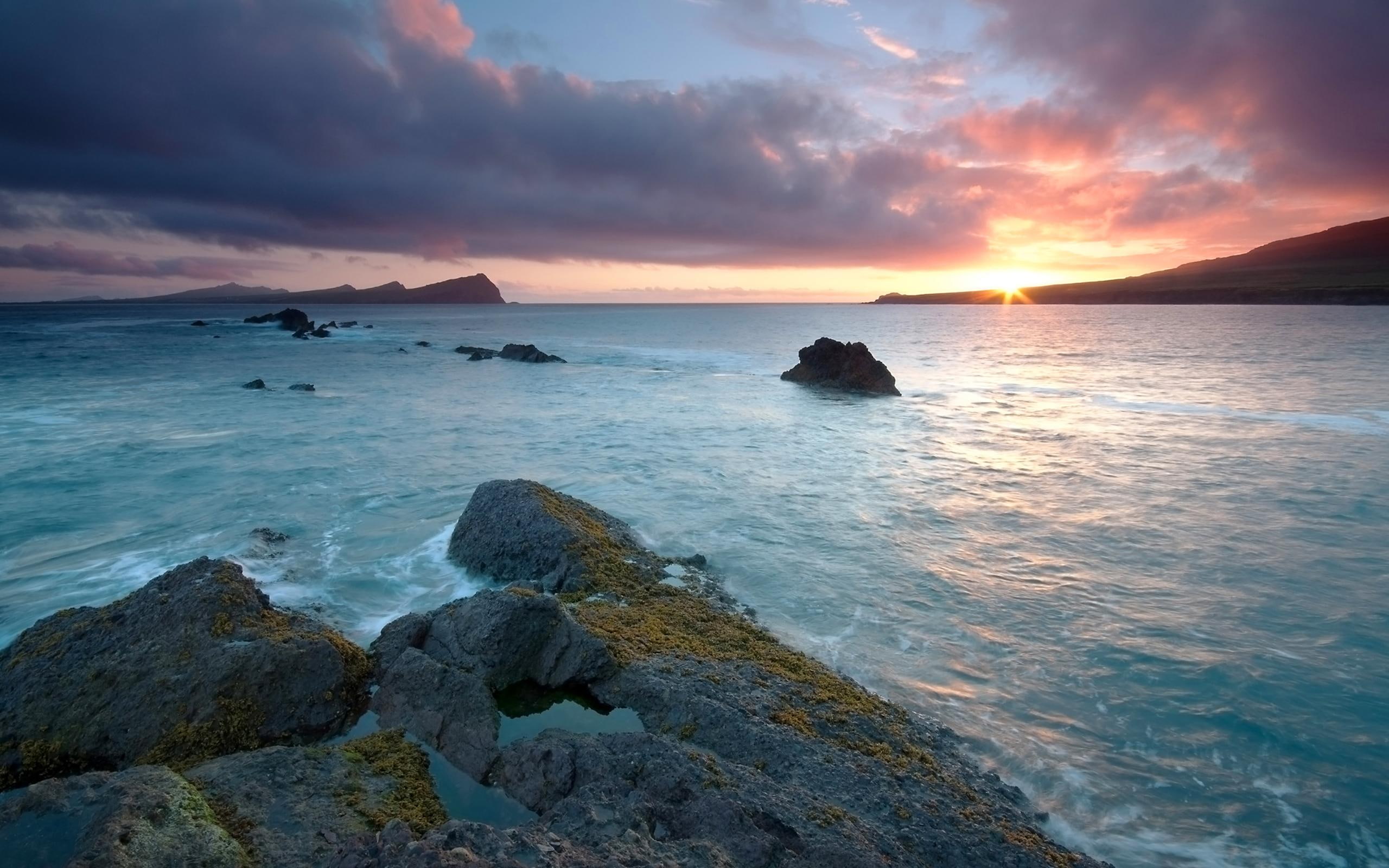 reflection, beach, calm, sunset, beautiful, three, clouds, rock, mountains, sisters, 3d and abstrac, ocean, colors, 2K, HD Wallpaper
