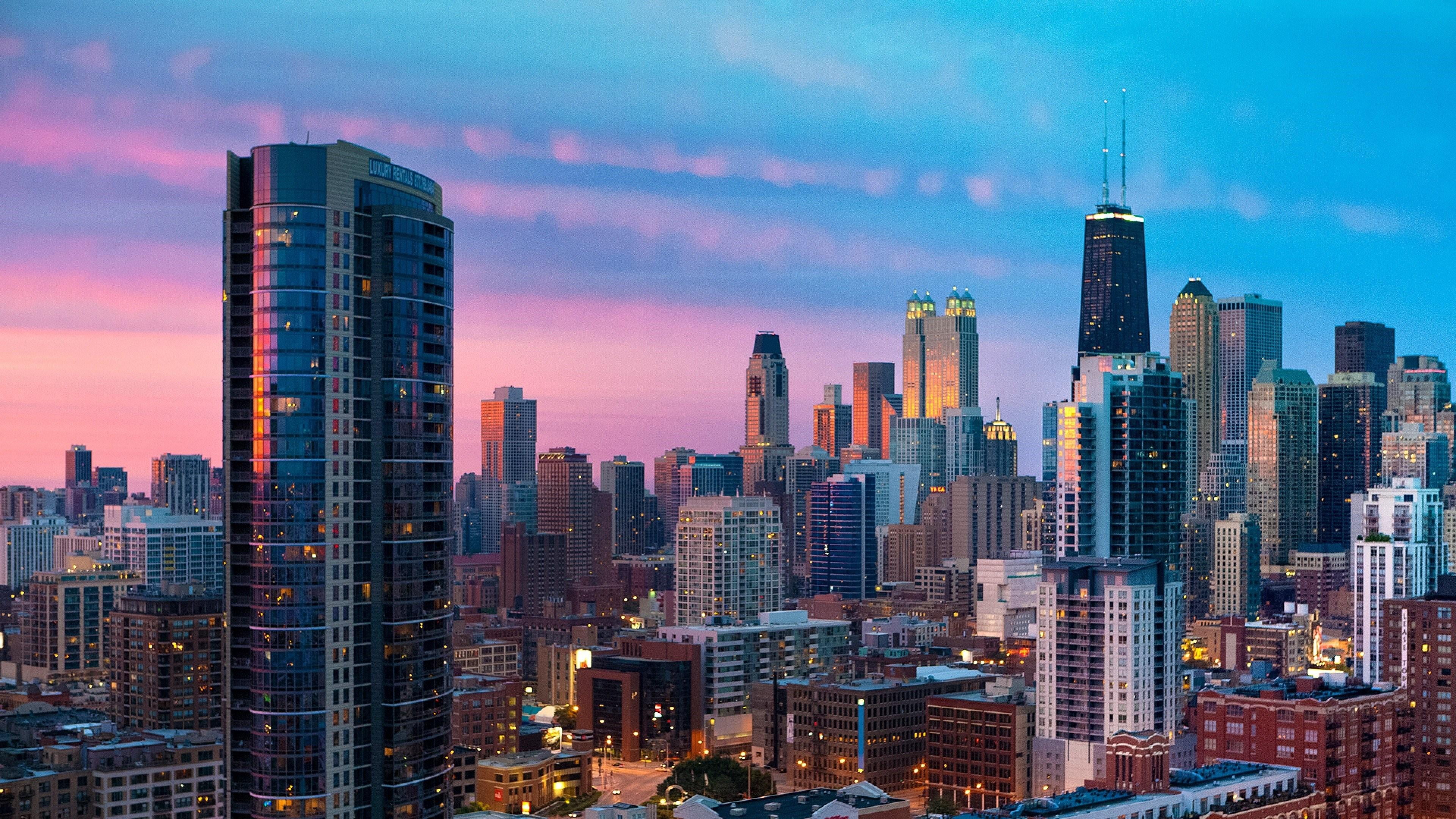 tall - high, landscape, buildings, sky, travel destinations, chicago, residential district, downtown district, building, city life, illuminated, office building exterior, HD Wallpaper