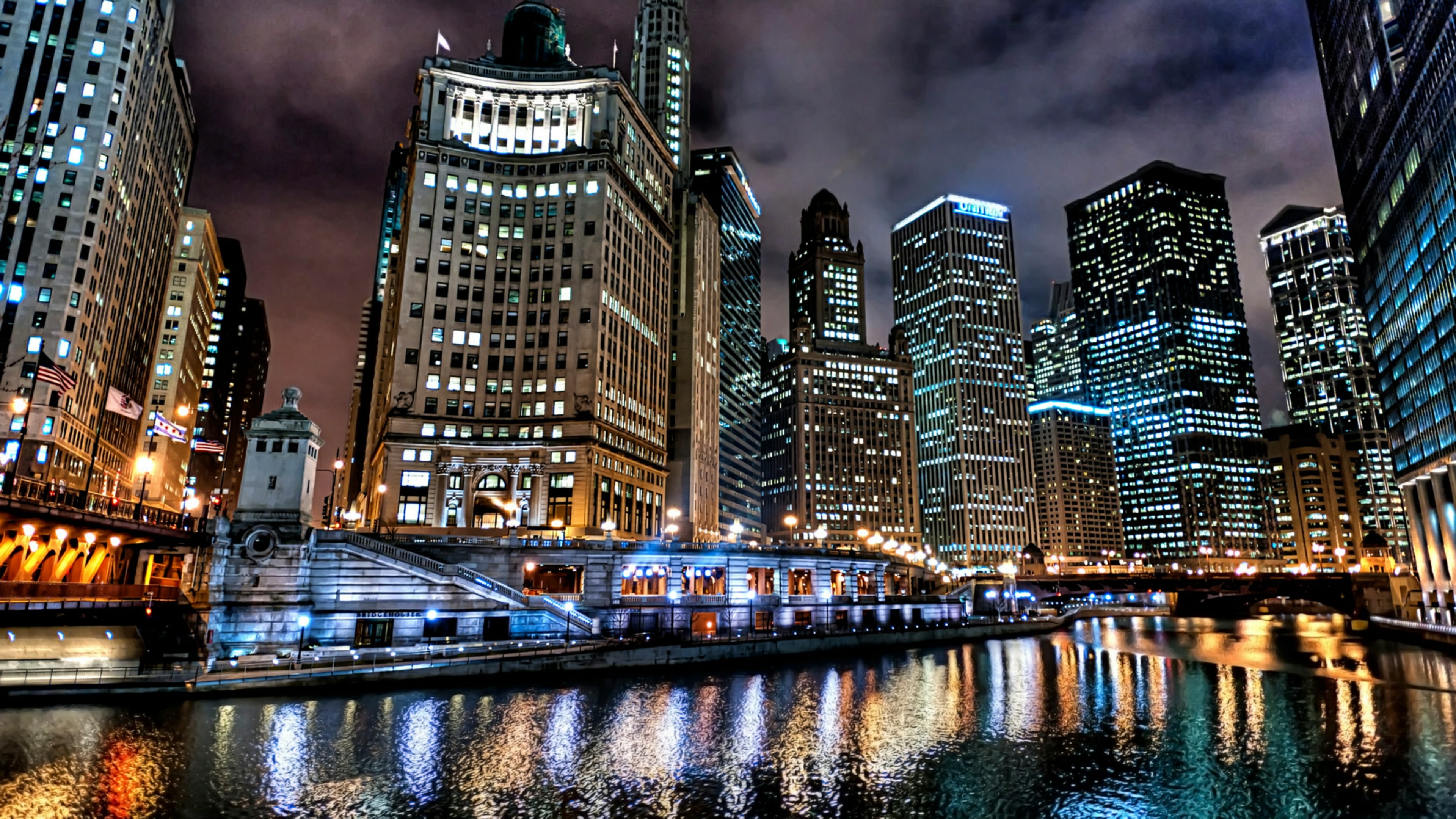 chicago river, sky, no people, cityscape, nightlife, illuminated, office building exterior, architecture, metropolis, ilinois, water, chicago, built structure, HD Wallpaper
