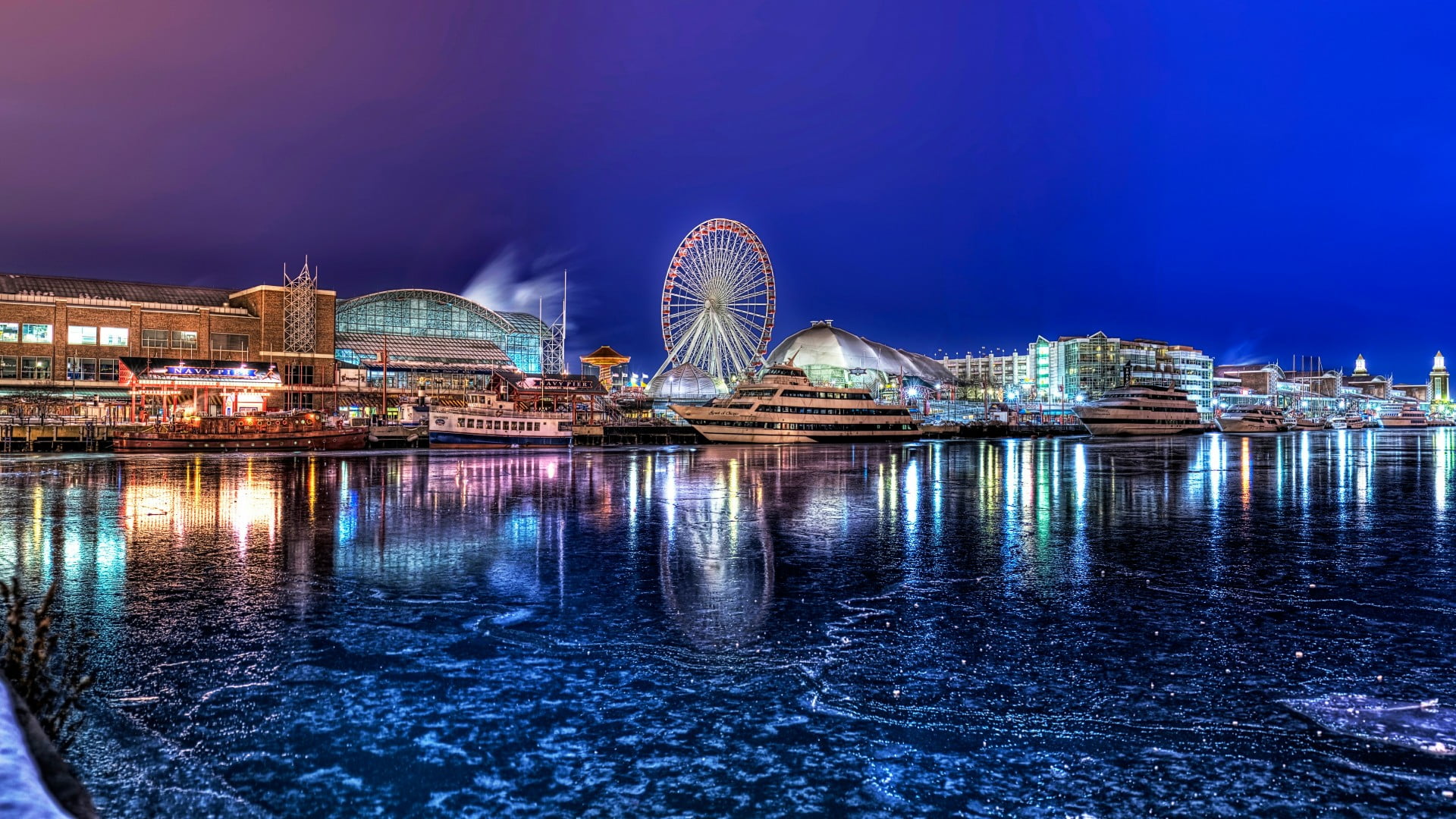 nightlife, water, tourist attraction, travel, architecture, no people, amusement park ride, chicago, city life, modern, usa, sky, lake michigan, cityscape, HD Wallpaper