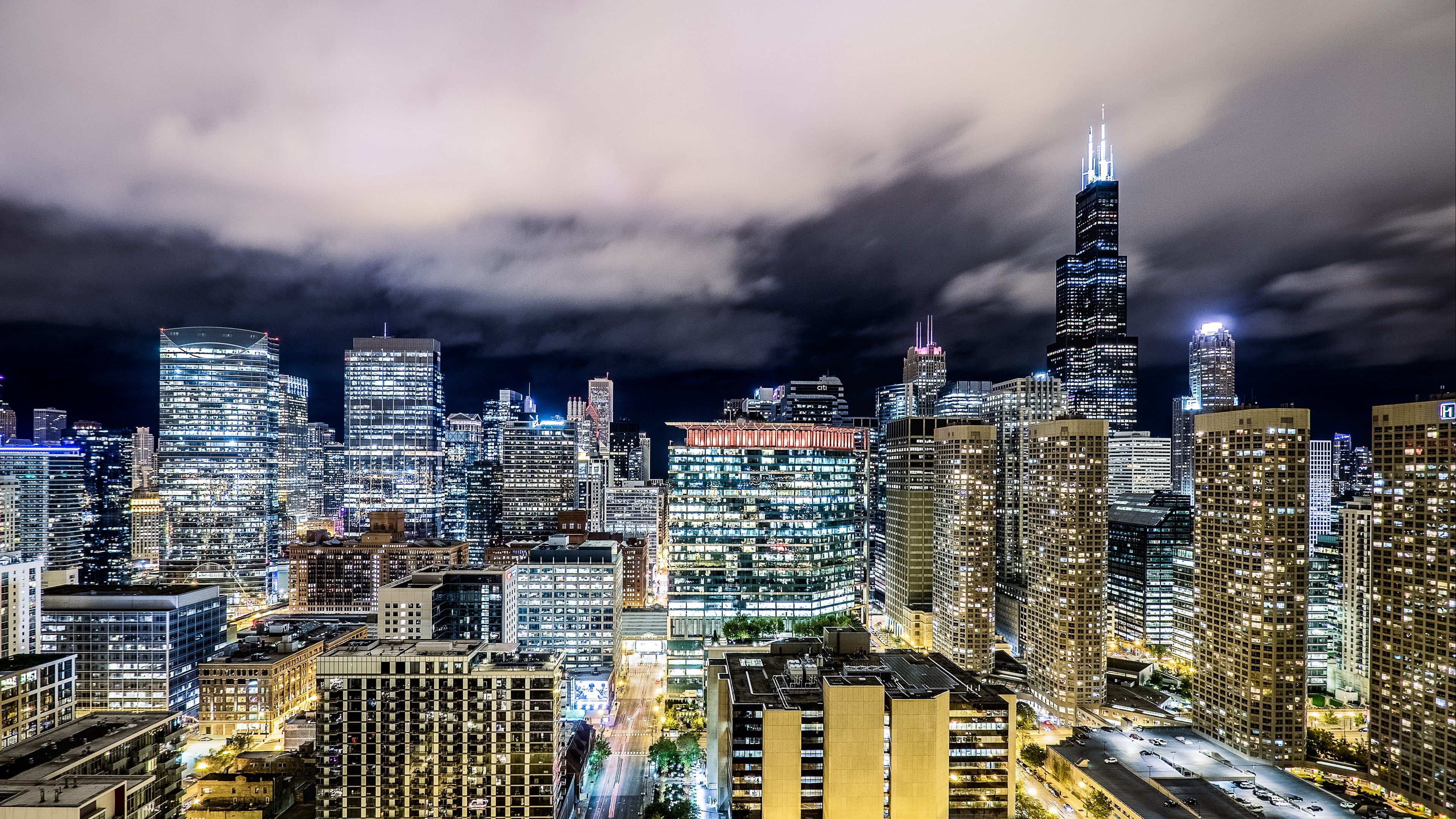 urban skyline, residential district, landscape, city, tower, spire, cloud - sky, building exterior, chicago, outdoors, architecture, ilinois, night, building, HD Wallpaper