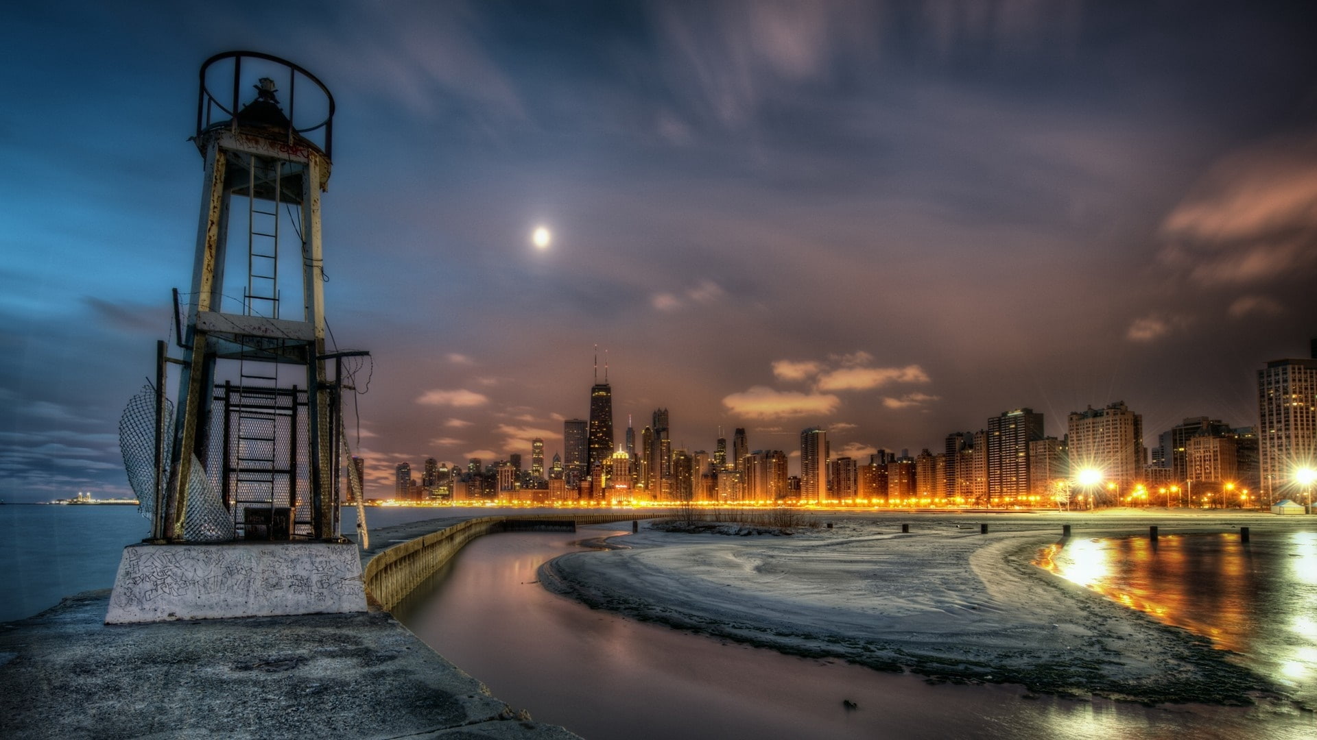 united states, city, moon, horizon, sky, skyline, night, cityscape, dusk, cloud, water, 1080P, chicago, reflection, landmark, ilinois, metropolis, lake, HD Wallpaper