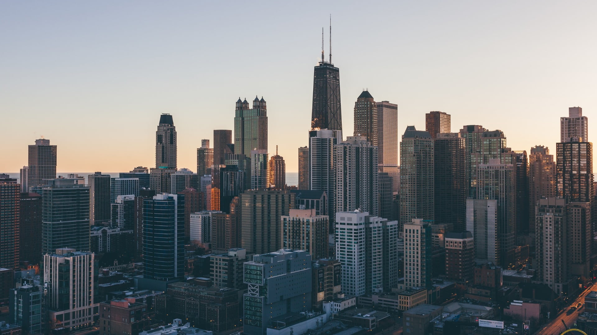 skyline, city, office building exterior, ilinois, no people, architecture, 1080P, outdoors, downtown district, residential district, tower, skyscraper, HD Wallpaper