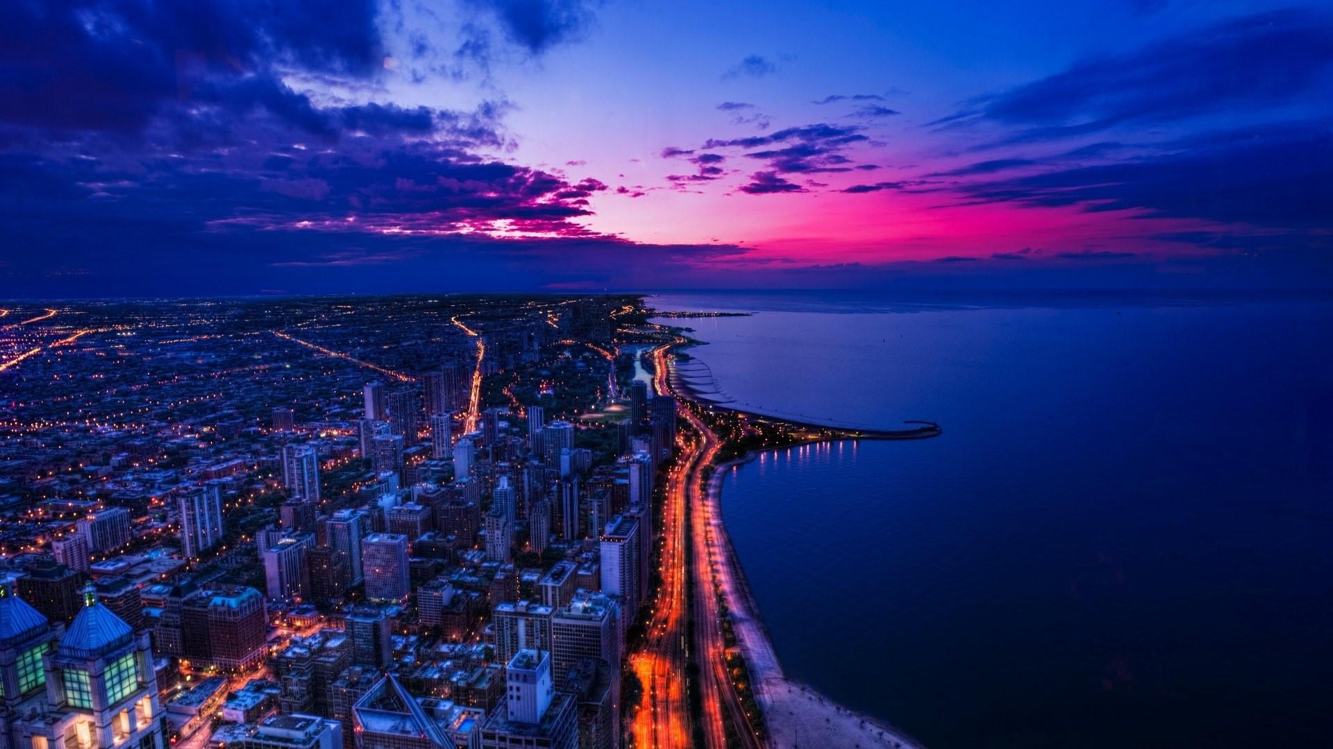 building exterior, travel destinations, sunset, sky, usa, metropolis, horizon, illuminated, city, bay, afterglow, scenics - nature, night, sea, water, architecture, HD Wallpaper