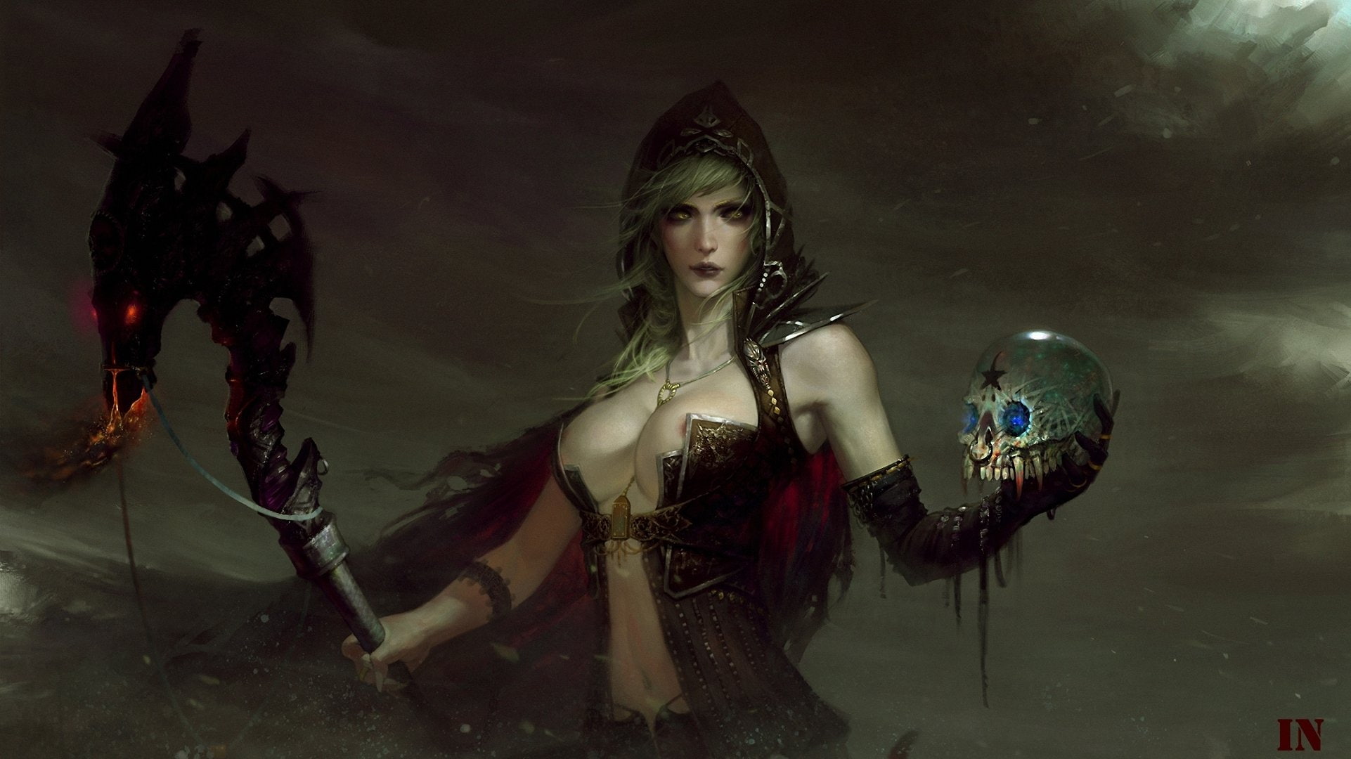 Girls, Darl, skull, Magic, mage, witch, staff, 1080P, headgear, Gothic, Hood, fantasy, HD Wallpaper