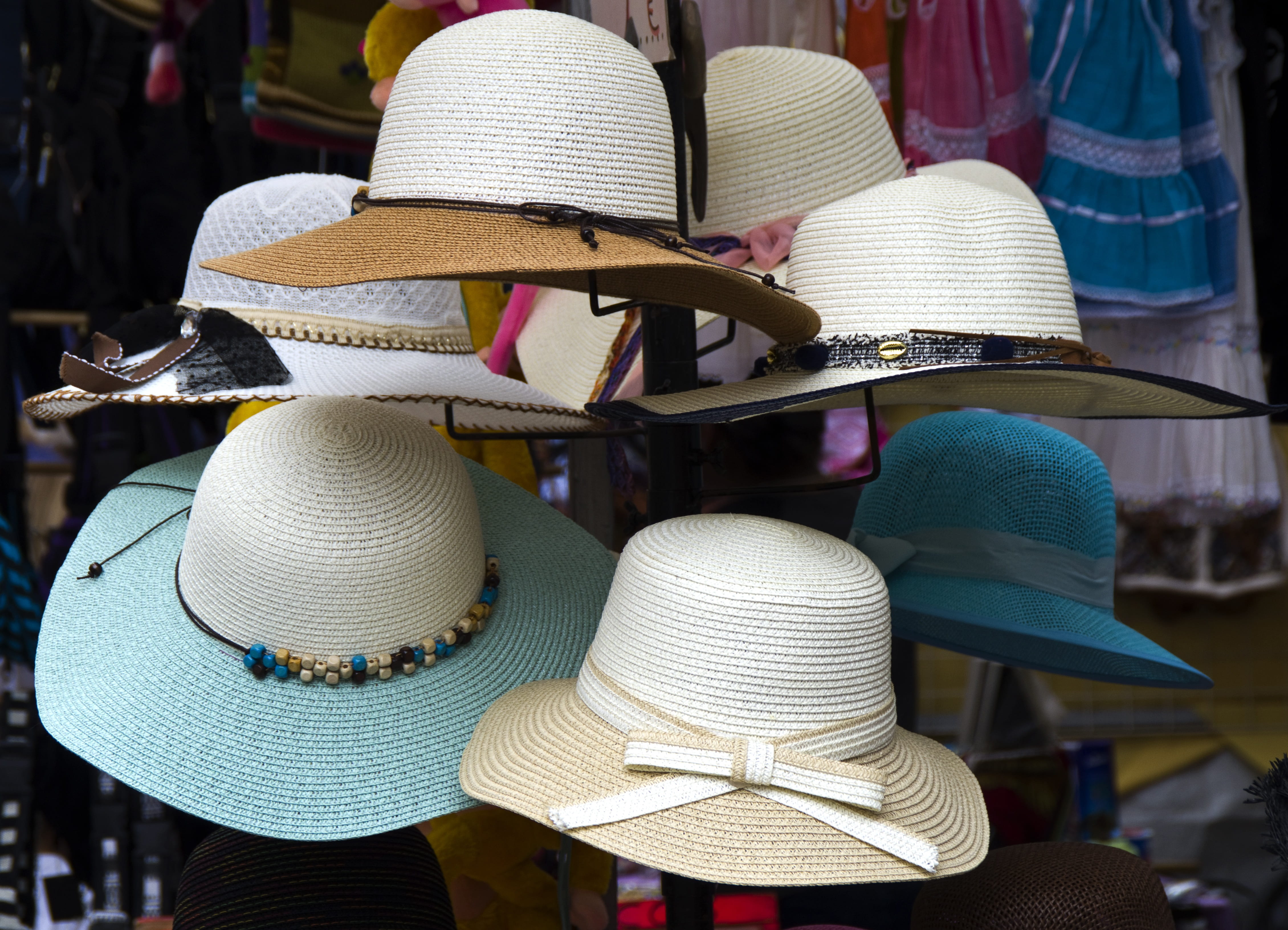 shopping, for sale, variation, business, straw hat, sale, 4K, stetson, retail display, hat, sun hat, outdoors, arrangement, choice, fashion, clothing, HD Wallpaper
