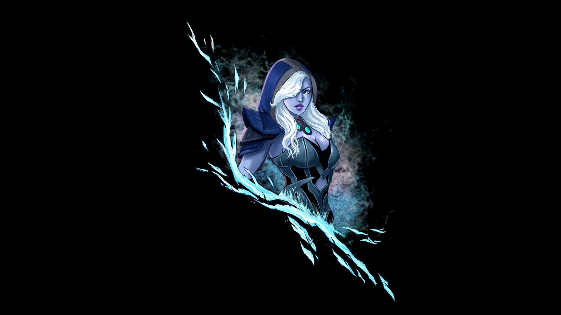 drow, archer, clothing, indoors, abstract, artwork, girl, blue, art, dota, games, young adult, Hood, dark, black background, fantasy, nature, studio shot, HD Wallpaper