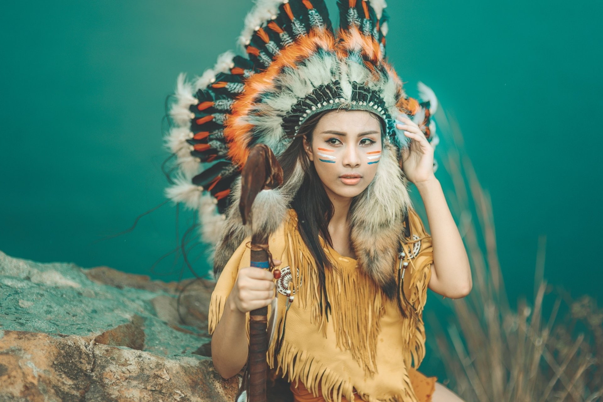 Women, Girl, Woman, Feather, Asian, Brown Eyes, Model, 1080P, Native American, HD Wallpaper
