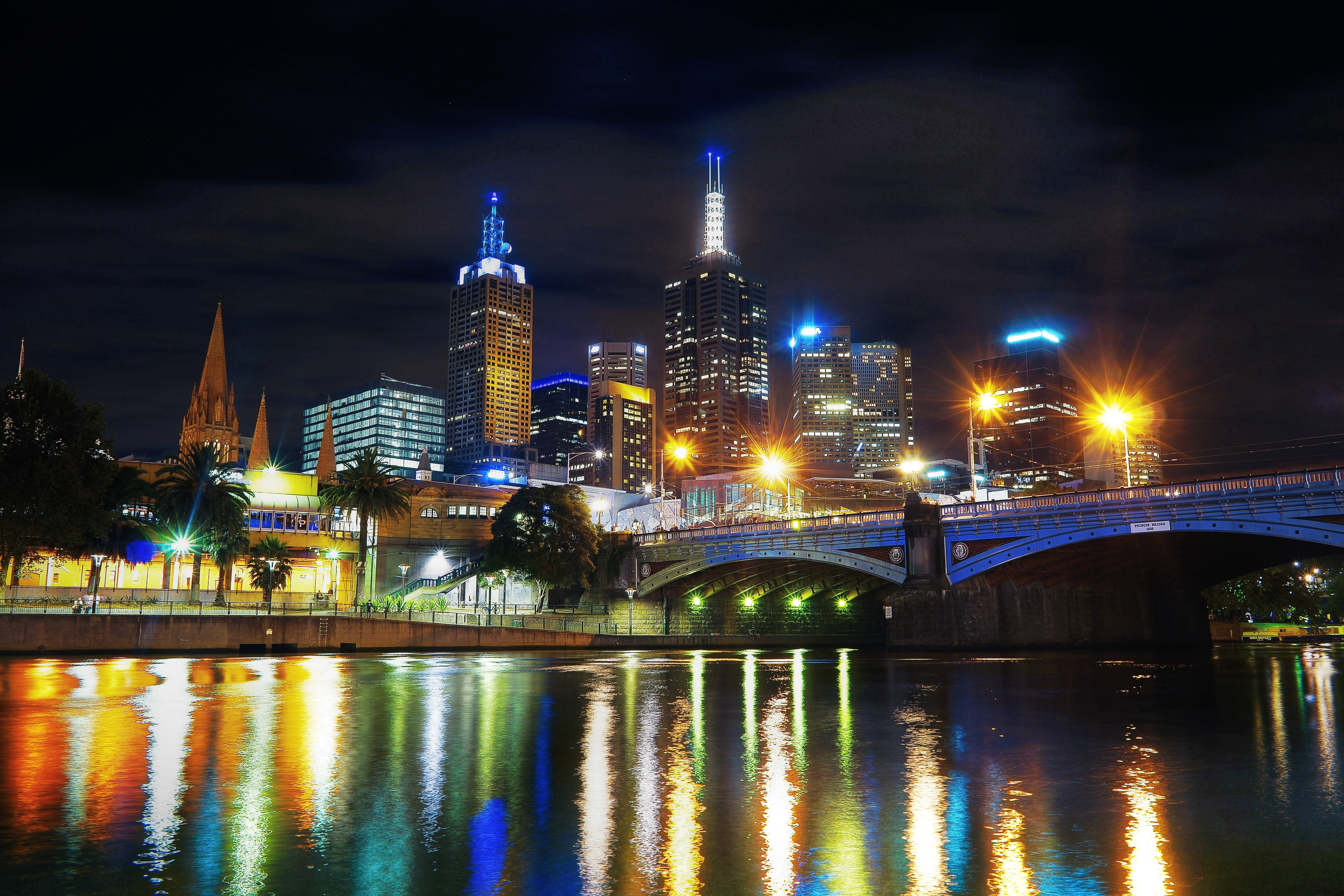 bridge, arch bridge, night, nature, princes brisge, yarra river, built structure, connection, flinders st, water, skyscraper, 5K, melbourne, river, illuminated, HD Wallpaper