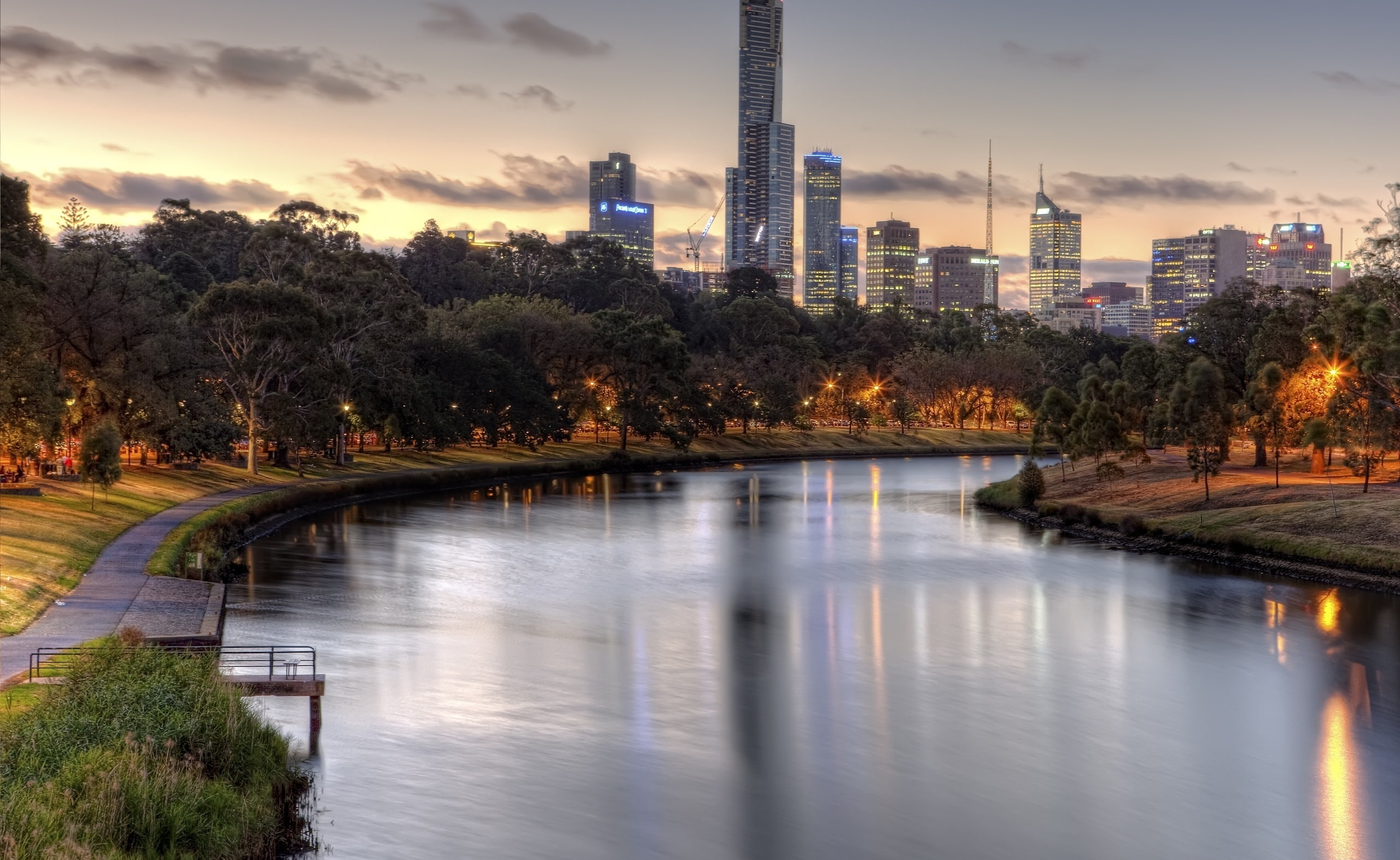 water, building exterior, outdoors, Yarra, sky, no people, lights, factory, built structure, cloud - sky, tree, plant, waterfront, park, tower, reflection, HD Wallpaper