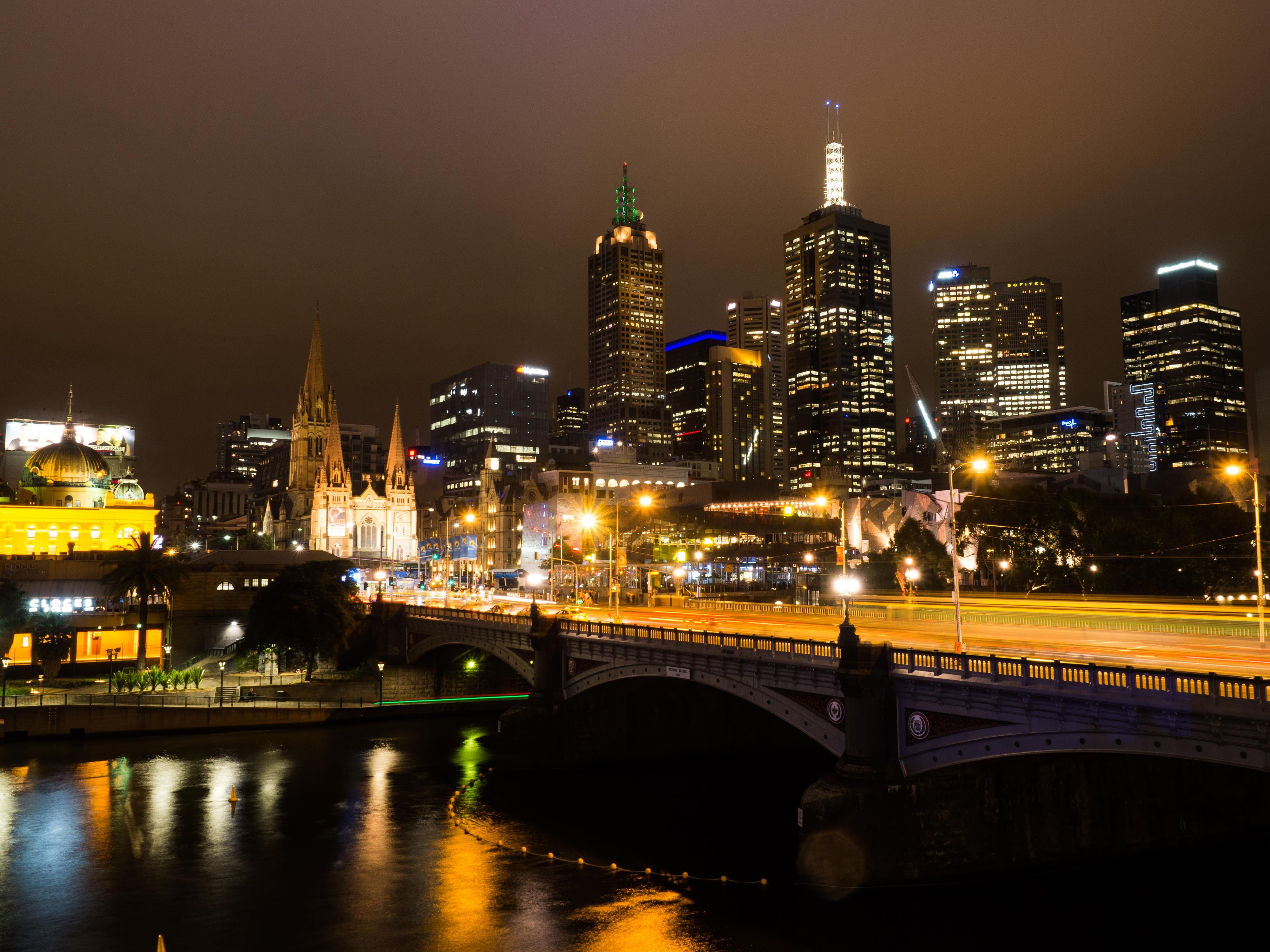 no people, travel destinations, melbourne, 4K, tall - high, nighttime, rise, near, transportation, modern, melbourne skyline, building, buildings, waterfront, HD Wallpaper