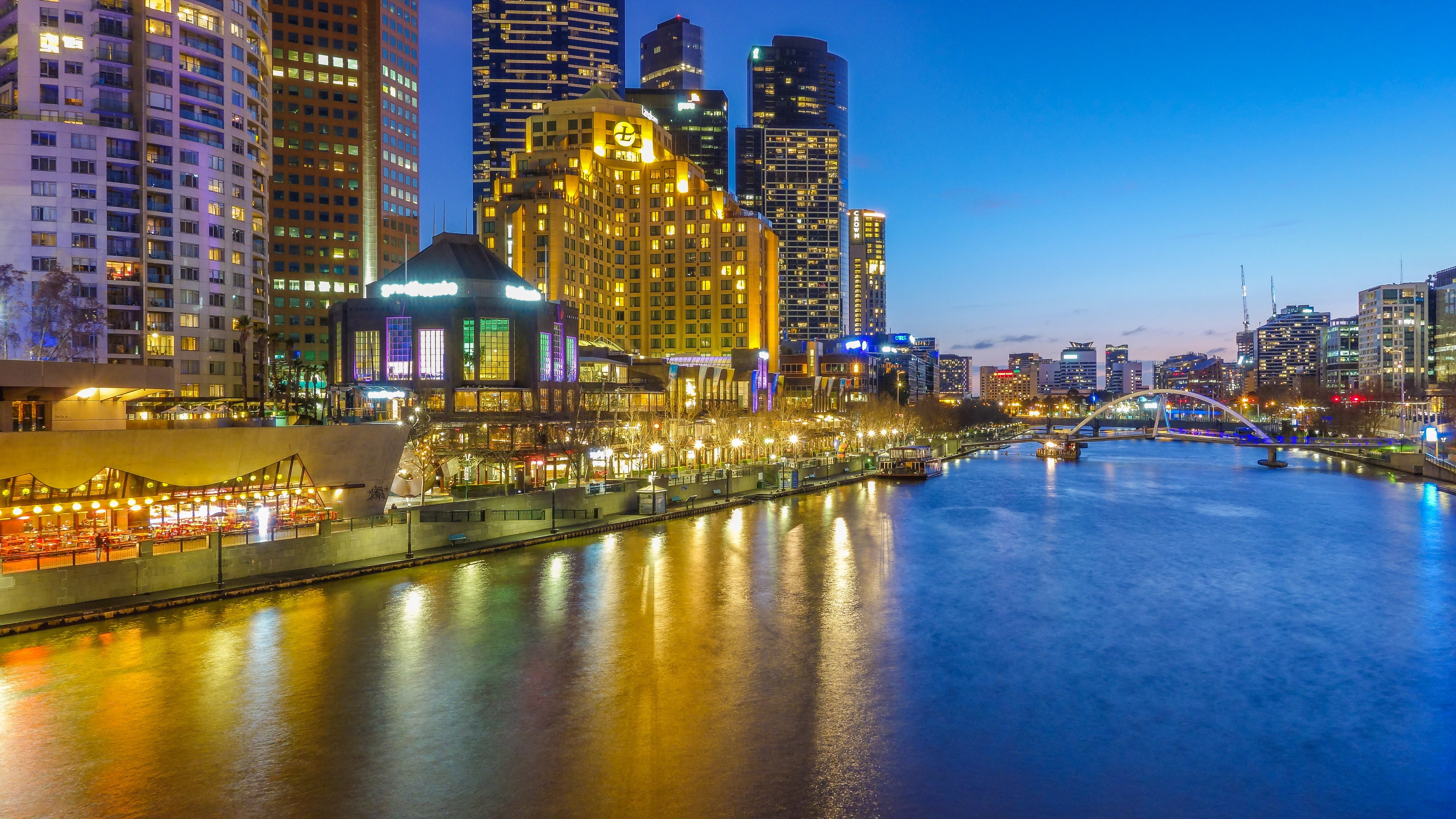 skyscraper, photo, yarra, victoria, downtown District, dusk, lights, waterfront, body, light, top, urban Scene, urban Skyline, buildings, illuminated, station, HD Wallpaper