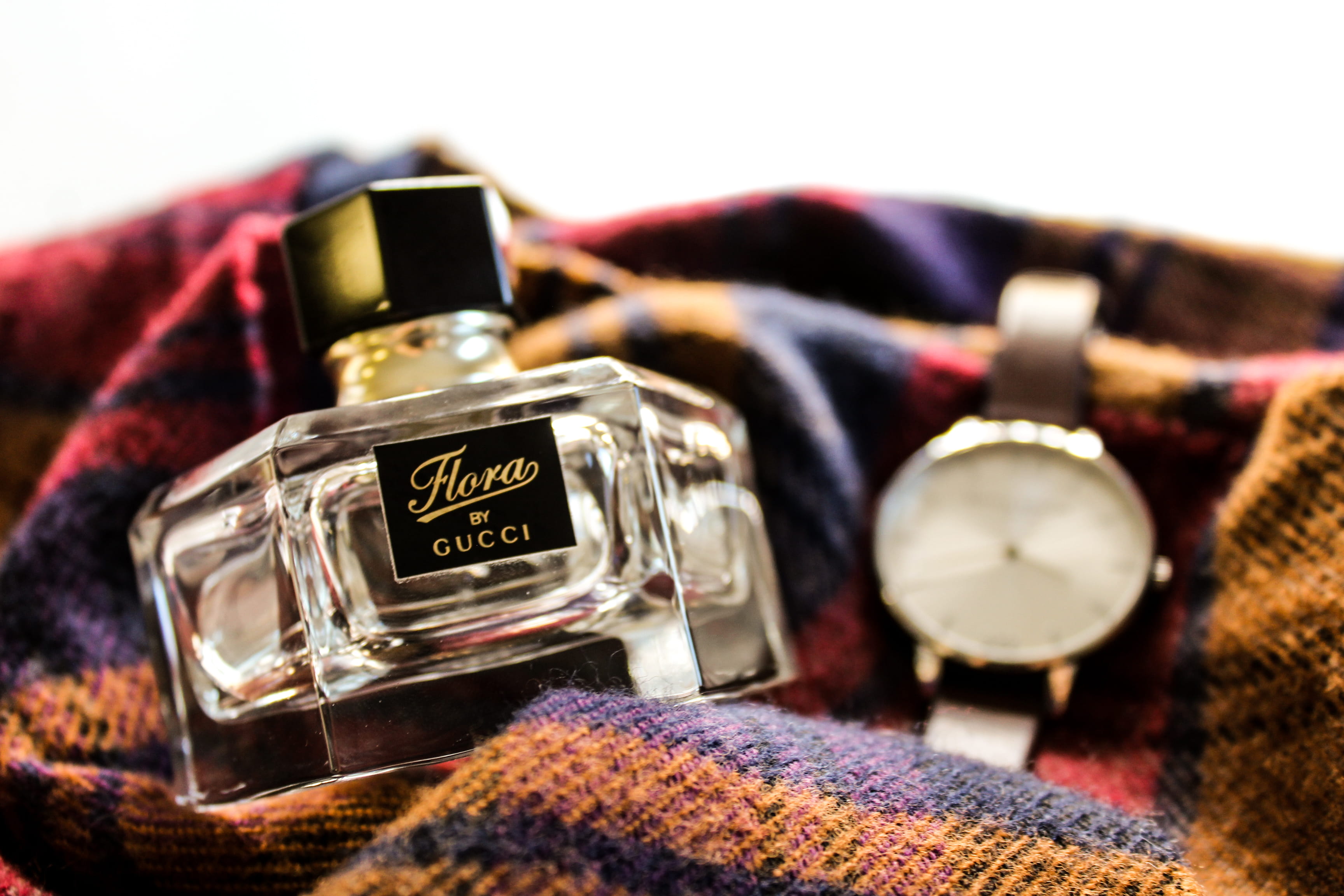 indoors, florabygucci, studio shot, accuracy, clock, fashion, flora, watch, technology, scarf, warm, gucci, still life, communication, perfume, winter, HD Wallpaper