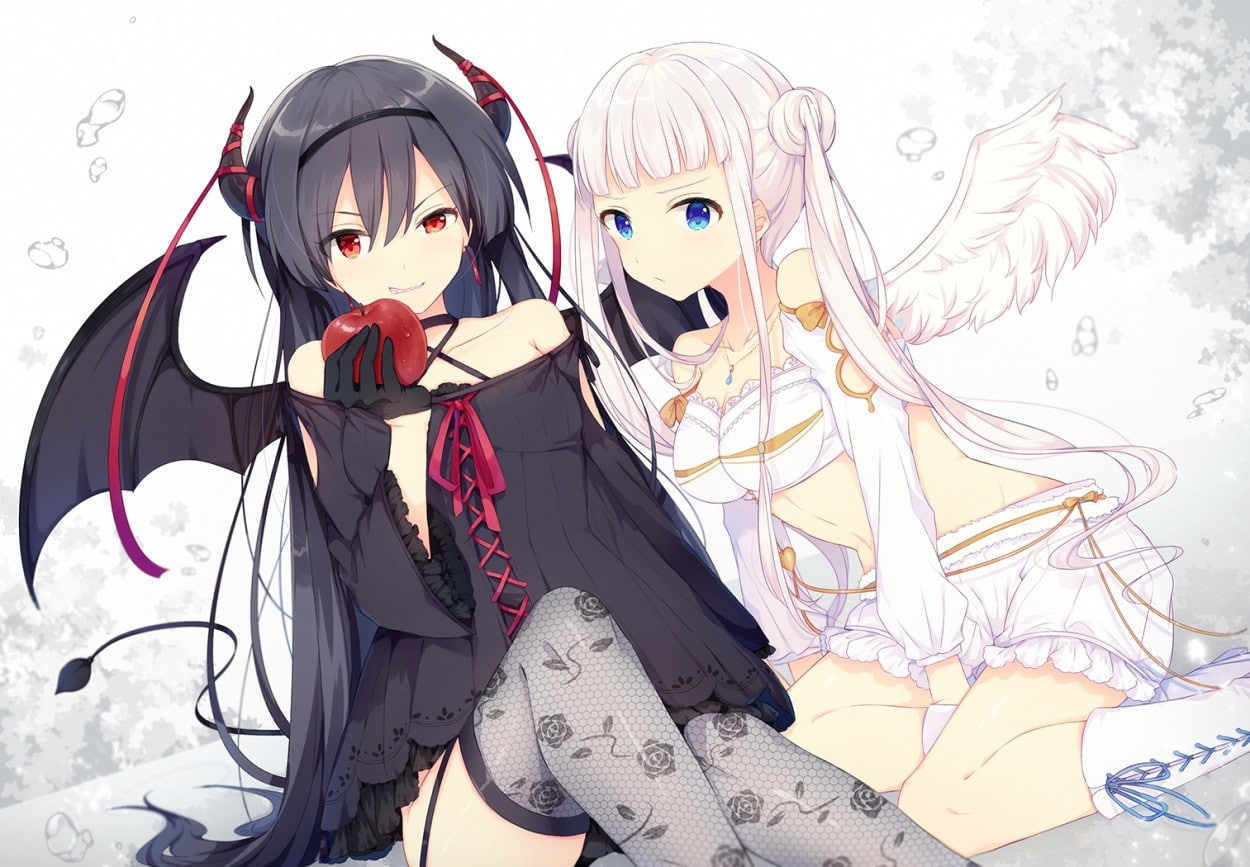 fruit, ribbon, red eyes, apples, food, boots, 480P, gloves, long hair, navels, twintails, bloomers, bubbles, demon, thigh-highs, horns, HD Wallpaper