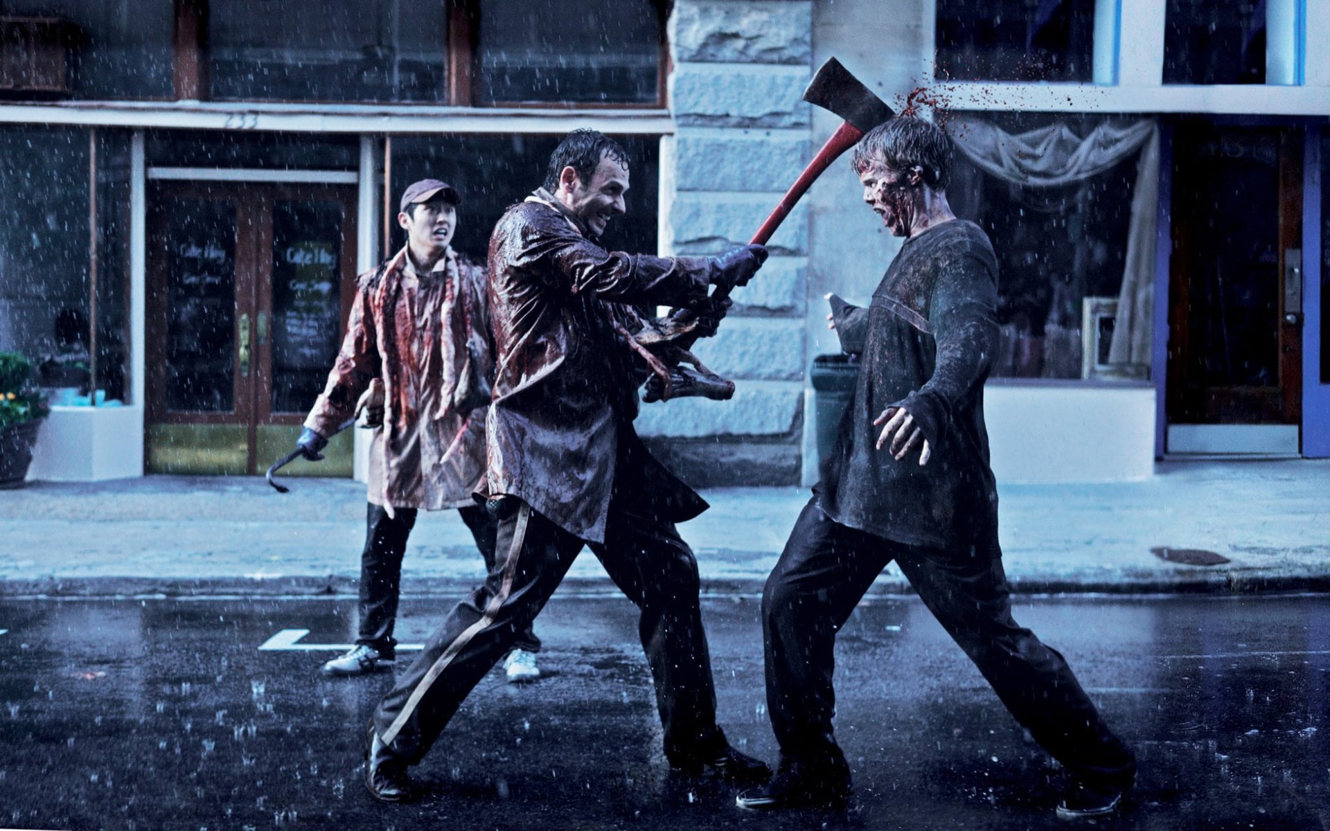 The Walking Dead, enjoyment, adult, fun, people, real people, group of people, outdoors, women, rain, architecture, winter, Steven Yeun, wet, TV Show, full length, HD Wallpaper