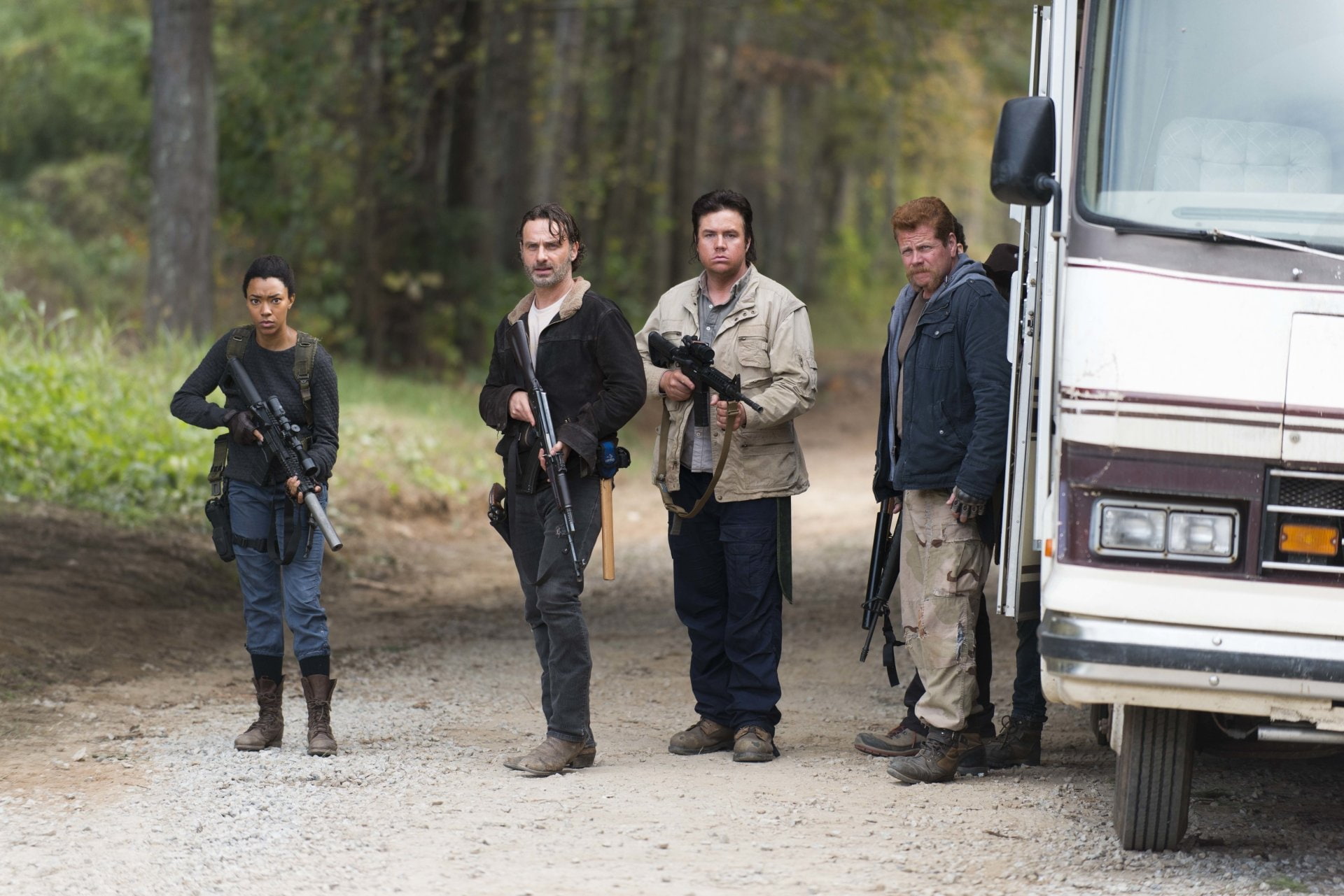 Sonequa Martin-Green, Andrew Lincoln, TV Show, full length, young adult, smiling, outdoors, 1080P, portrait, Abraham Ford, tree, people, Rick Grimes, adult, HD Wallpaper