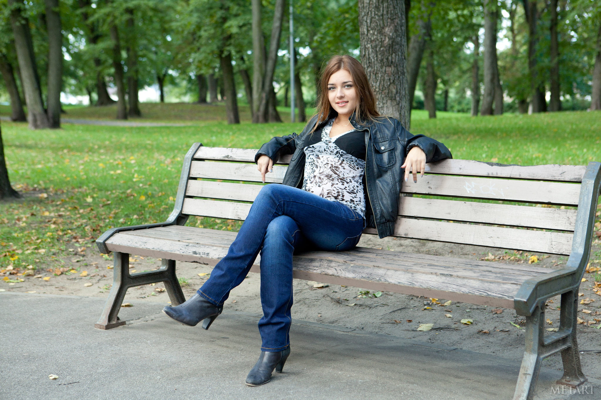 casual clothing, portrait, young adult, sitting, legs crossed, Adriana F, real people, Met-Art, women outdoors, MetArt Magazine, seat, leather jackets, HD Wallpaper