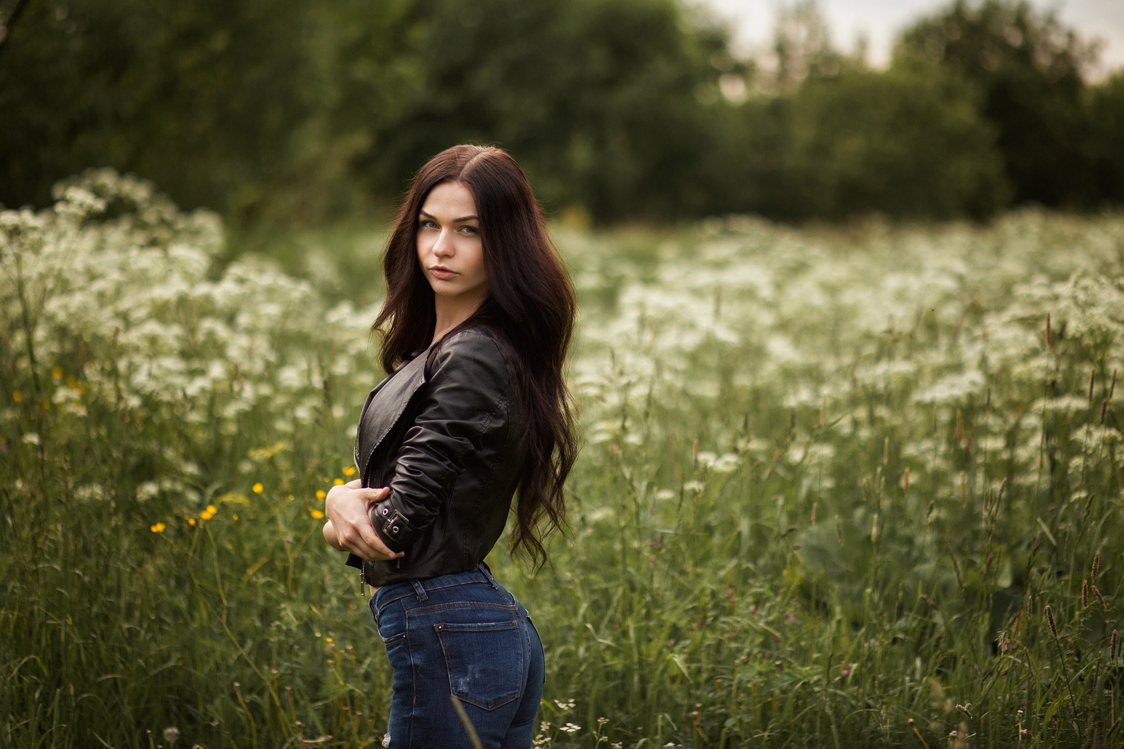 three quarter length, leather jackets, casual clothing, young adult, nature, jeans, teenager, long hair, 1080P, hair, women outdoors, depth of field, outdoors, HD Wallpaper