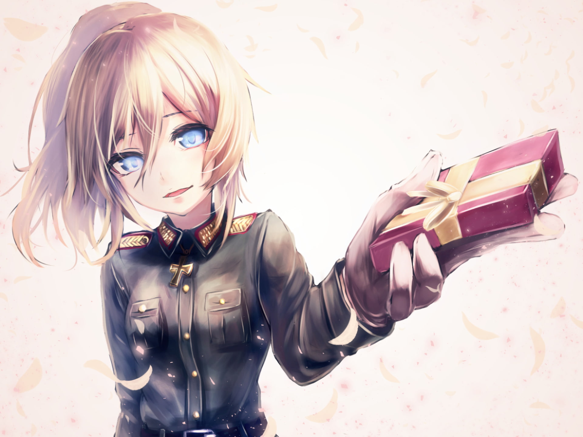 white background, Tanya Degurechaff, 1080P, military, Valentines Day, Youjo Senki, blonde, uniform, HD Wallpaper