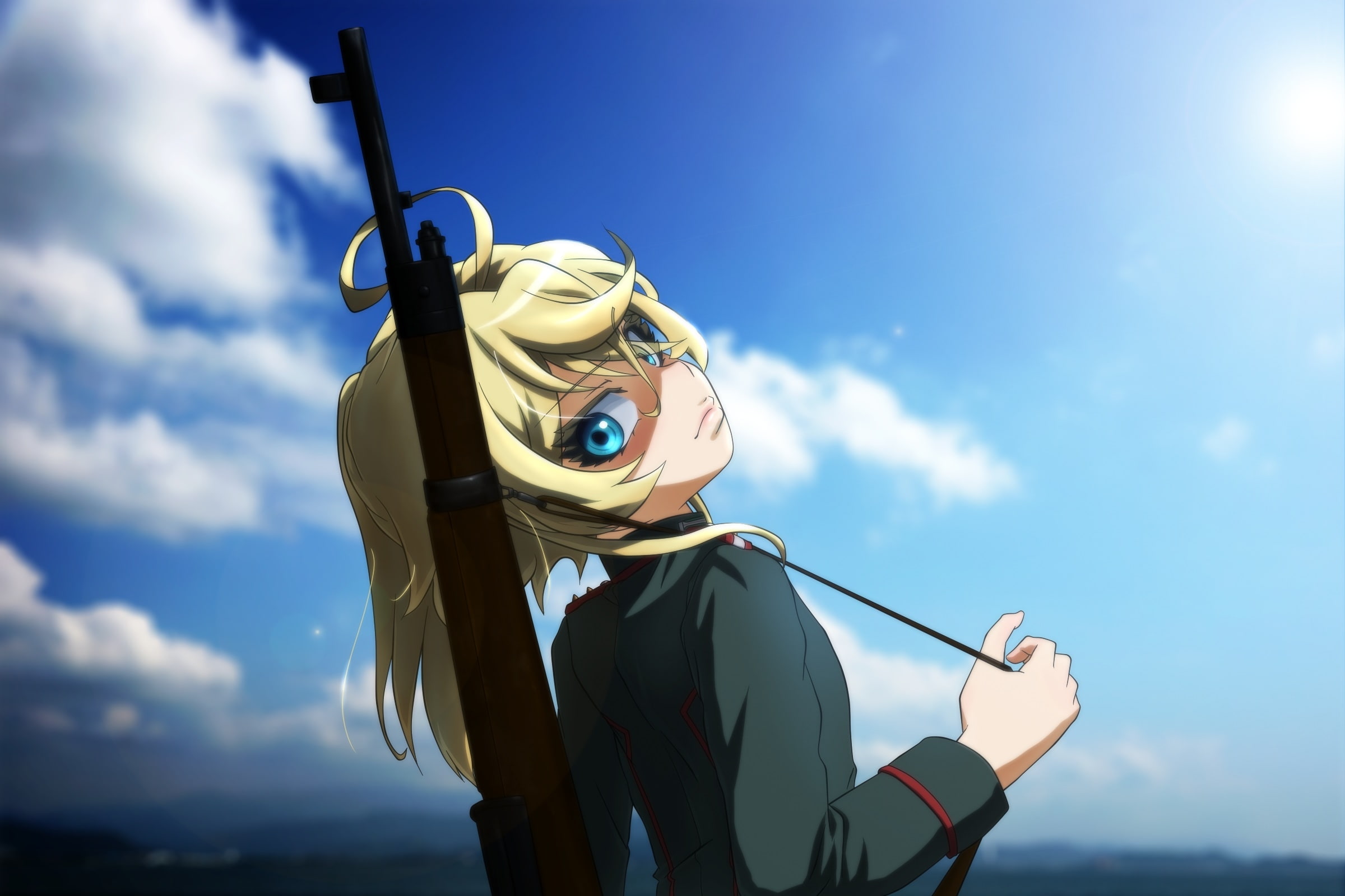 waist up, gun, one person, blue, outdoors, adventure, Anime, youjo senki, lifestyles, leisure activity, day, sky, blonde, young adult, nature, women, low angle view, HD Wallpaper