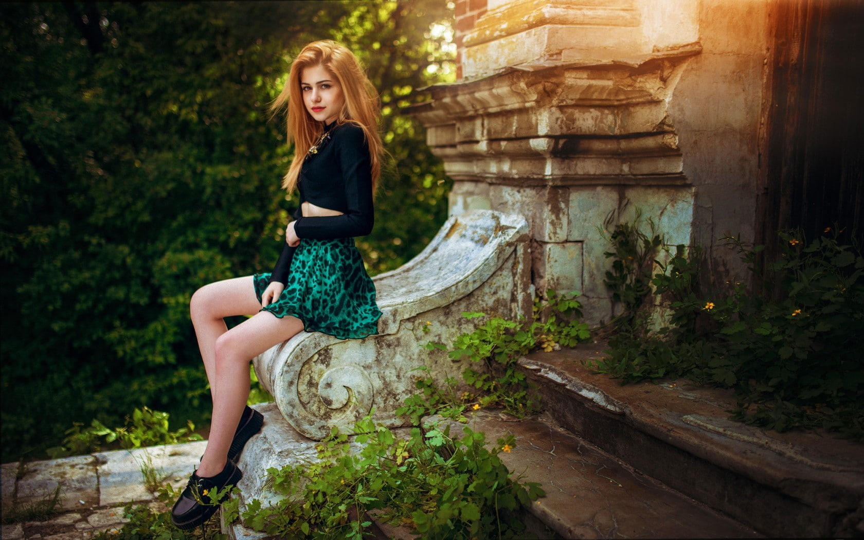 hair, dress, women outdoors, model, legs, skirt, Ivan Gorokhov, sitting, 720P, trees, blonde, looking at viewer, women, Galina Rover, HD Wallpaper