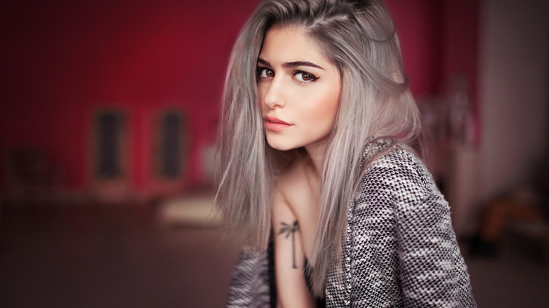 women, Ivan Gorokhov, looking at viewer, tattoo, brown eyes, sweater, portrait, face, room, long hair, dyed hair, 1080P, depth of field, Galina Rover, HD Wallpaper