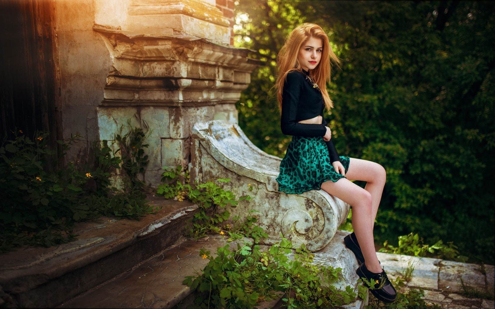 hair, full length, nature, looking, hairstyle, fashion, outdoors, plant, women, young adult, tree, contemplation, beautiful woman, young women, women hair dress blonde legs model skirt trees galina rover, HD Wallpaper