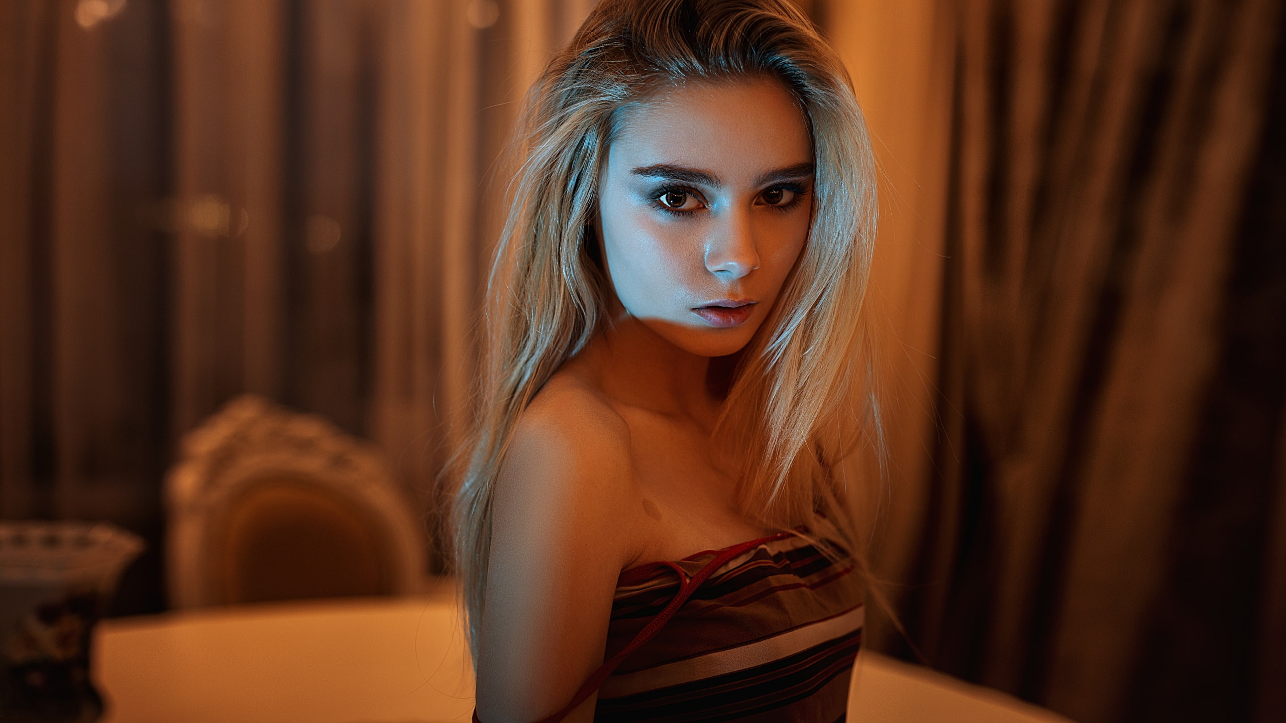indoors, women, depth of field, looking at viewer, portrait, women indoors, Vlad Popov, tank top, bare shoulders, Maria Vysokoboynikova, 2K, face, model, HD Wallpaper