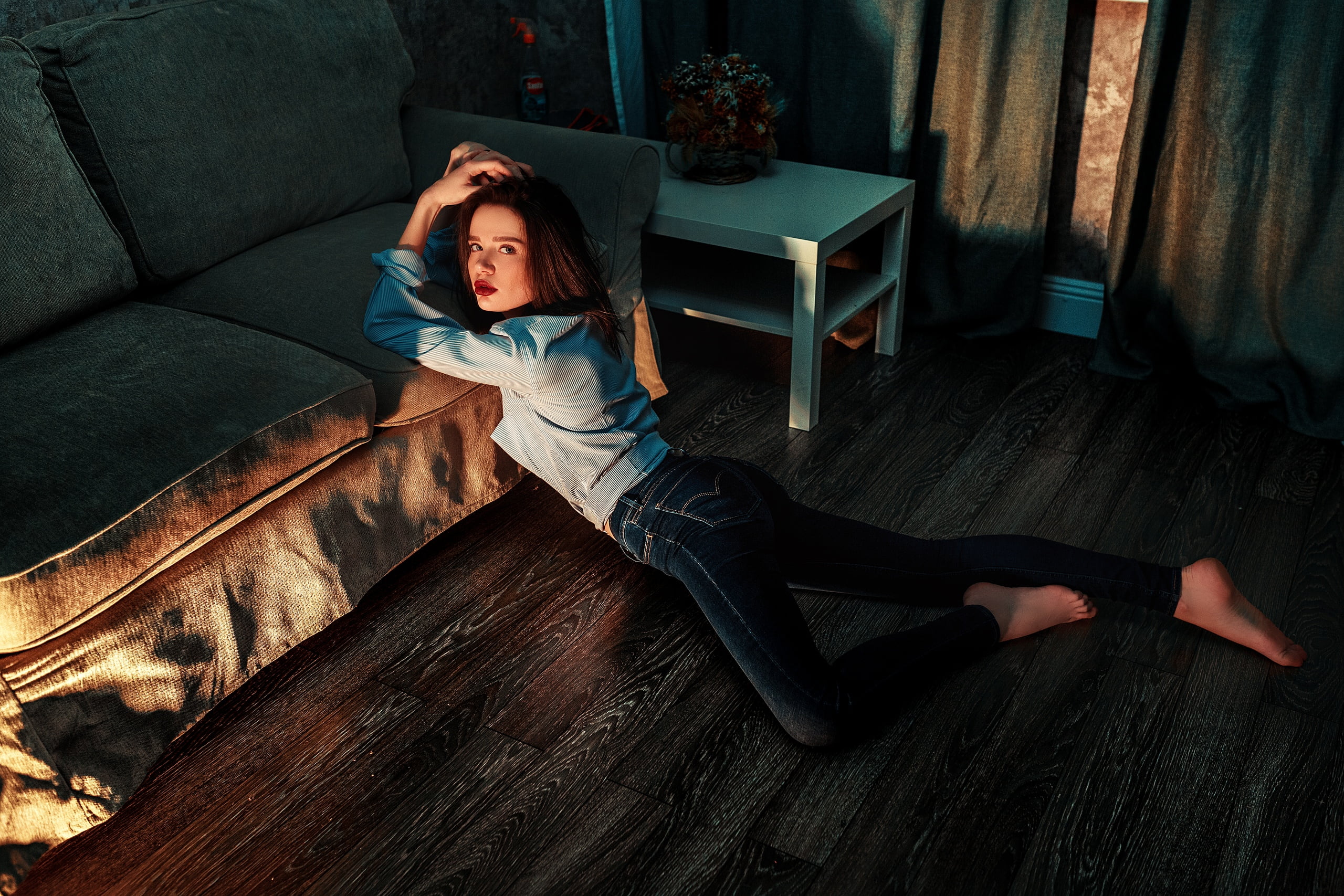 jeans, touching hair, shirt, women indoors, couch, on the floor, women, bent over, model, 2K, looking at viewer, red lipstick, brunette, indoors, Vlad Popov, HD Wallpaper