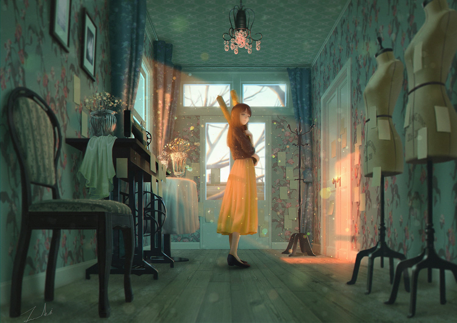 looking away, original characters, portrait, chair, drawing, sewing machine, digital art, illustration, standing, brunette, women, anime girls, hallway, HD Wallpaper