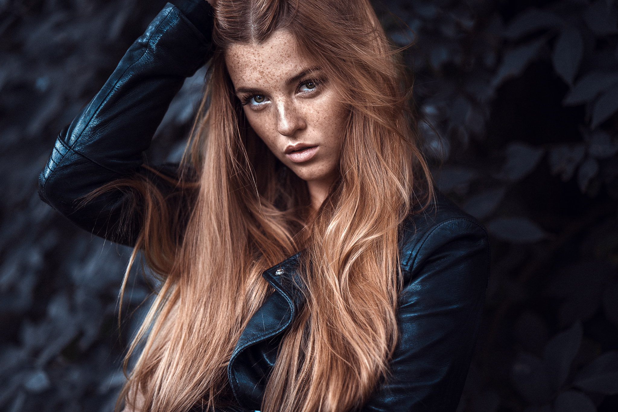 leather jackets, 1080P, redhead, face, portrait, long hair, women, freckles, HD Wallpaper